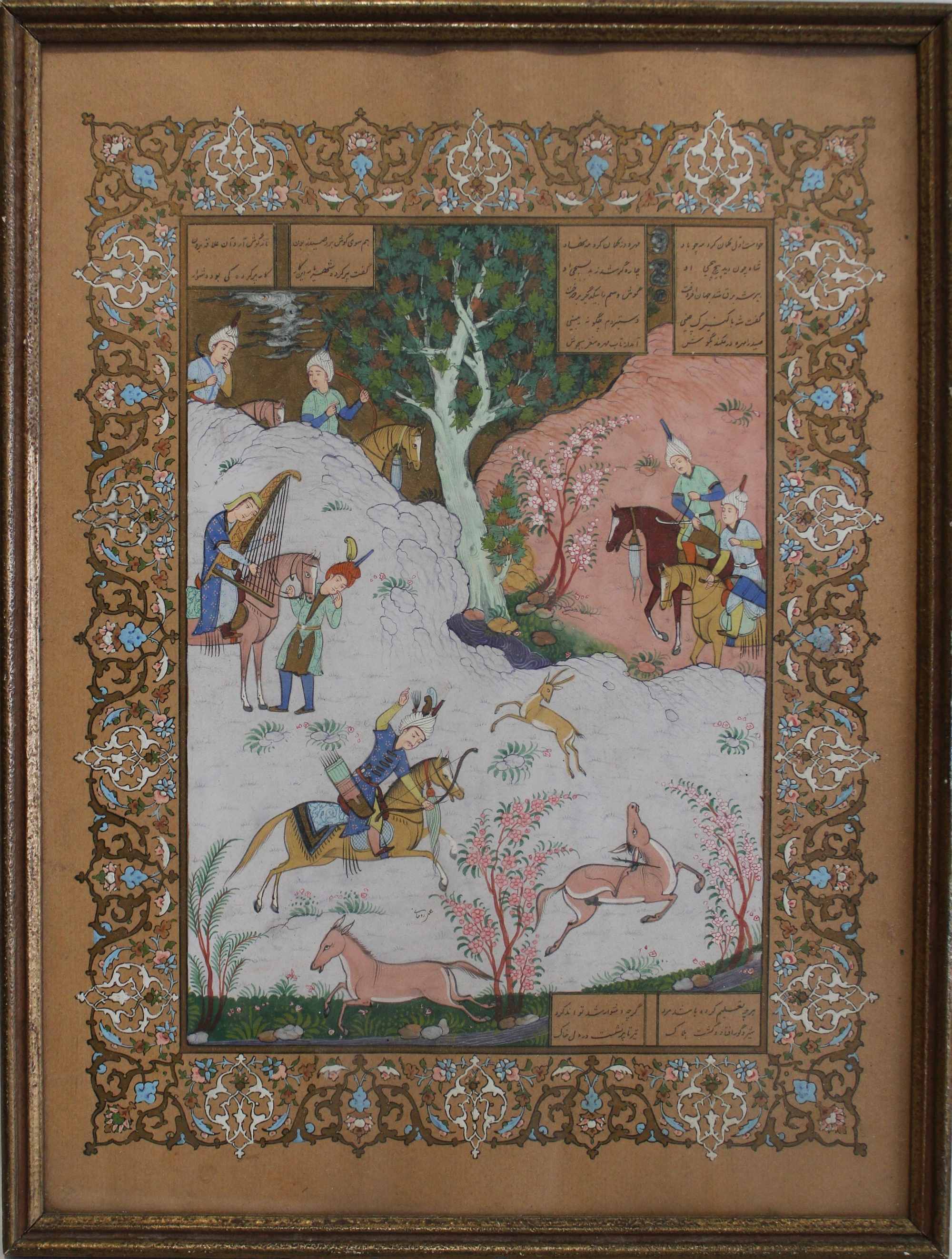 Persische Miniatur, Jagdszene, Kalligraphie. Maße: B. 29 cm, H. 39 cm,