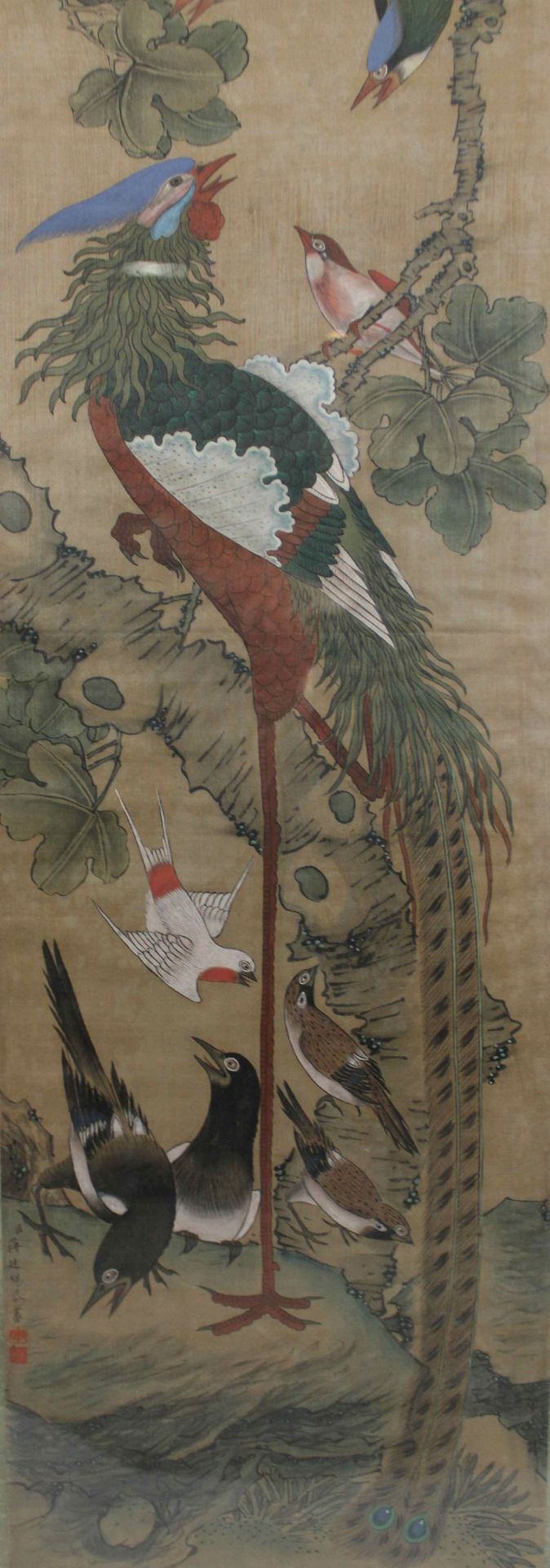 Japanische Stoffmalerei, wohl signiert, Blumendekor und Vogeldarstellung - Image 3 of 4