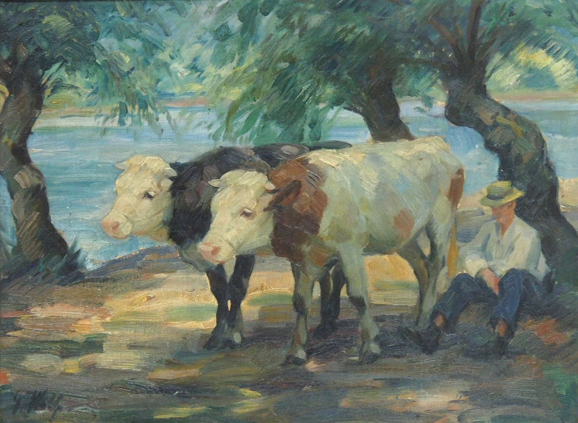 WOLF, Georg: Hirte mit zwei Kühen am Flussufer - Bild 2 aus 2