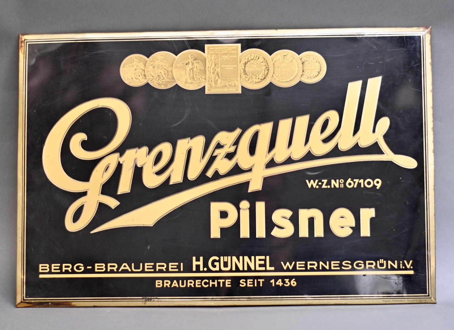 Imoglas-Werbeschild "Grenzquell Pilsner" Günnel Wernesgrün, Plakatef. Wuppertal-Barmen, Rücks.