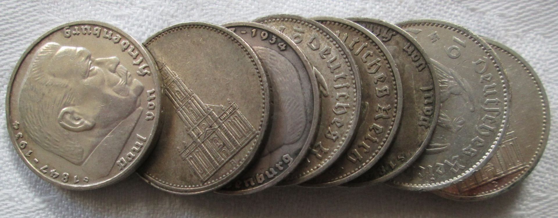 Drittes Reich Lot 5 Reichsmark Hindenburg 9 Stück ss Silber