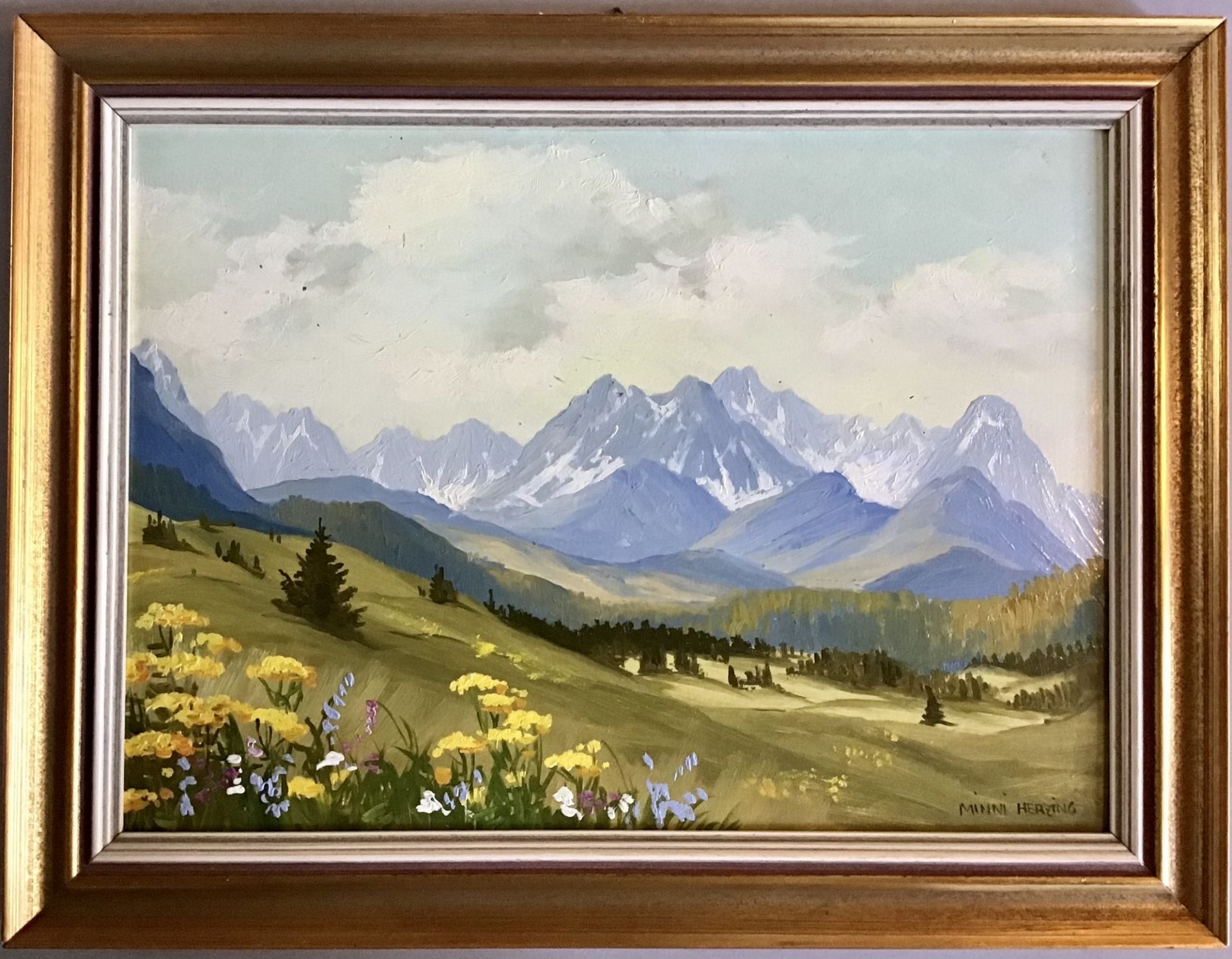 Herzing, Minni, dito, "Alpenlandschaft", Öl/Malpappe, unten rechts sign., fachm. gerahmt, AM 39 x 30