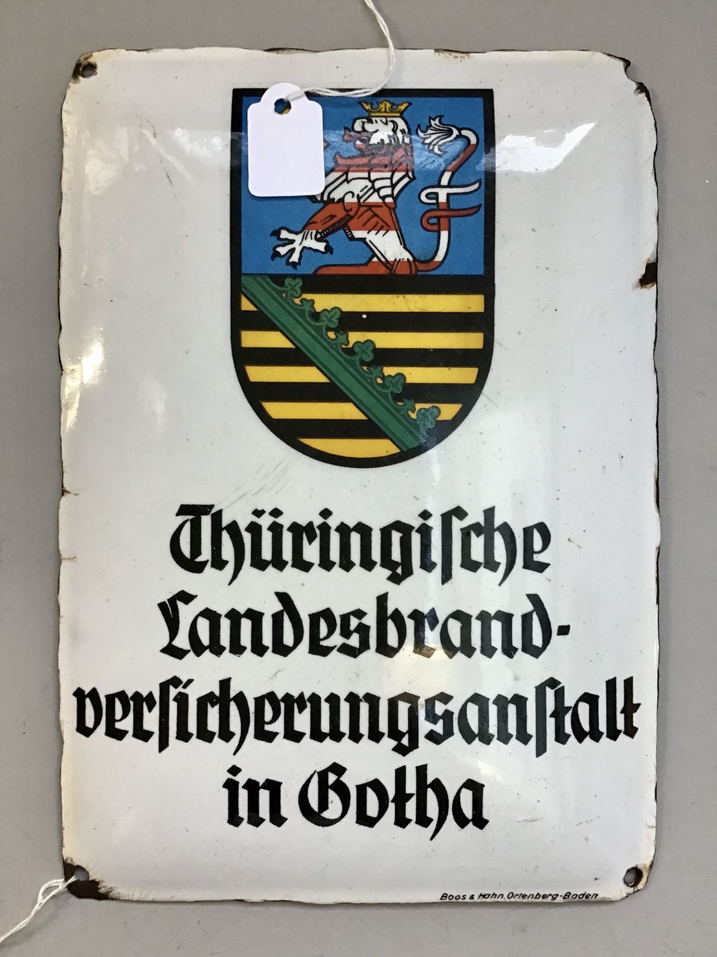 Emailleschild, Zeit 2. WK, Thüringische Landesbrand-Versicherungsanstalt in Gotha, Boos & Hahn