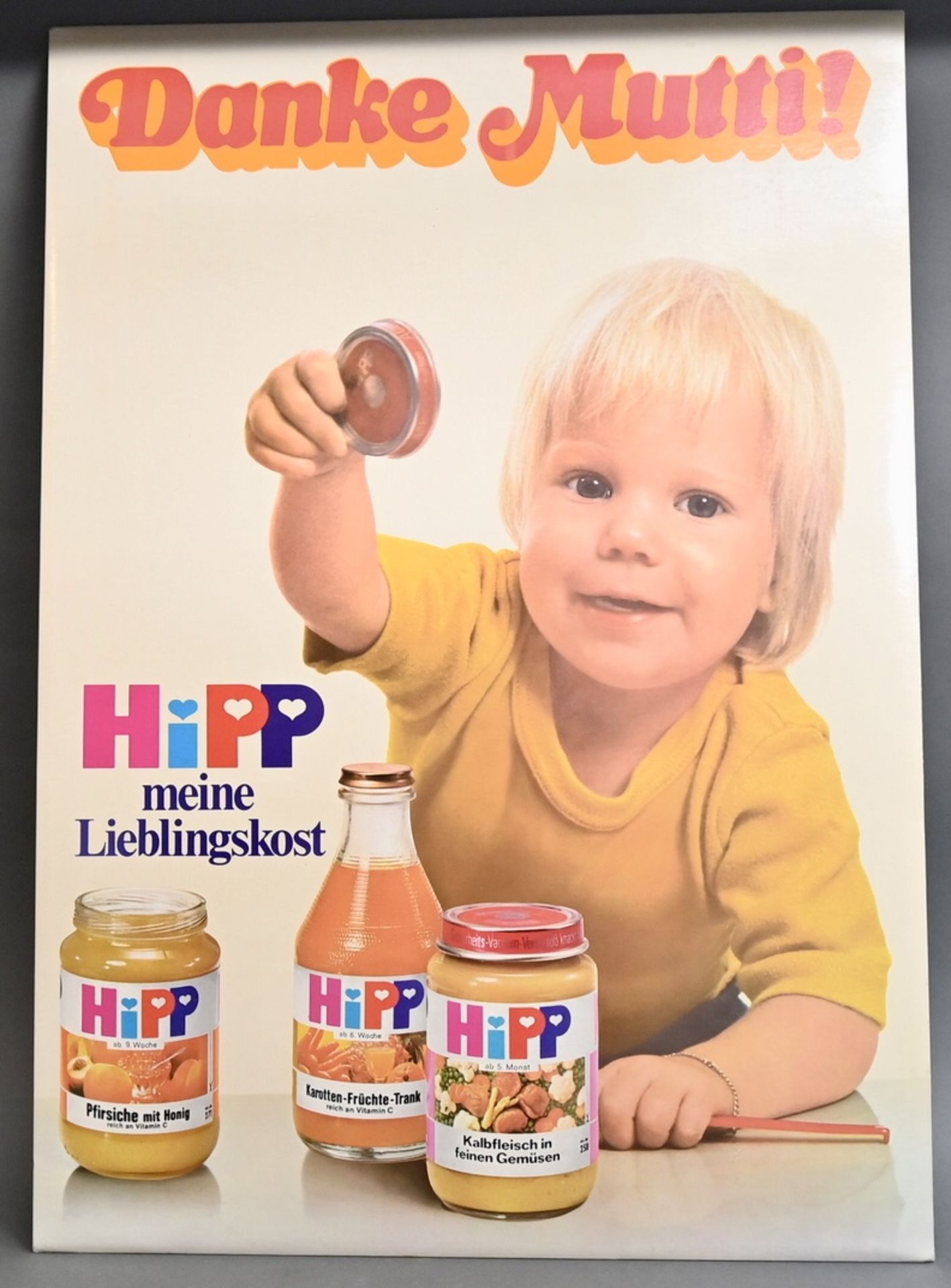 Werbeaufsteller "HIPP-meine Lieblingskost - Danke Mutti" um 1980, Pappe mit Pappaufsteller,