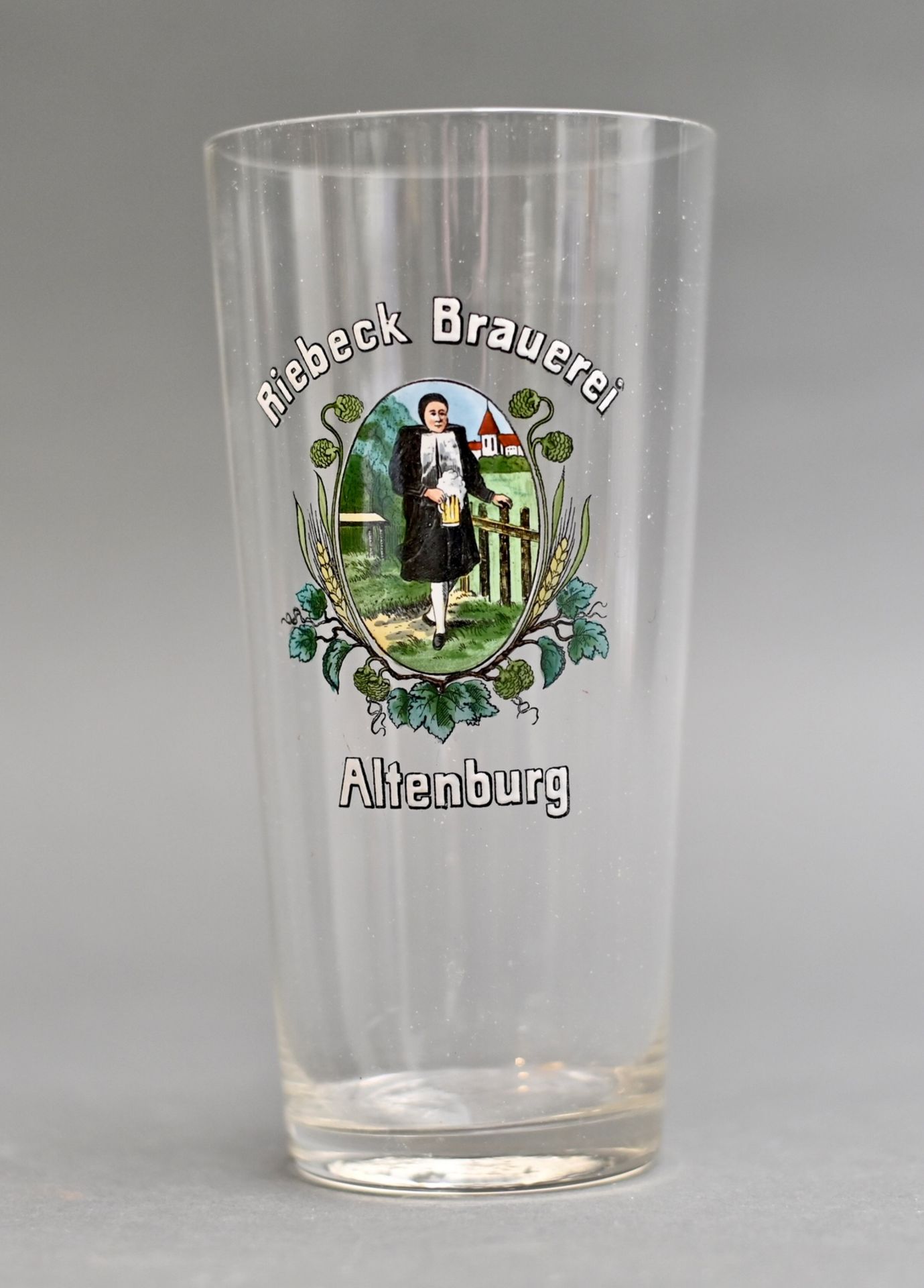 Brauerei-Glas "Riebeck Brauerei Altenburg", zartes Becherglas geeicht 10/20l, guter Zustand, H 17