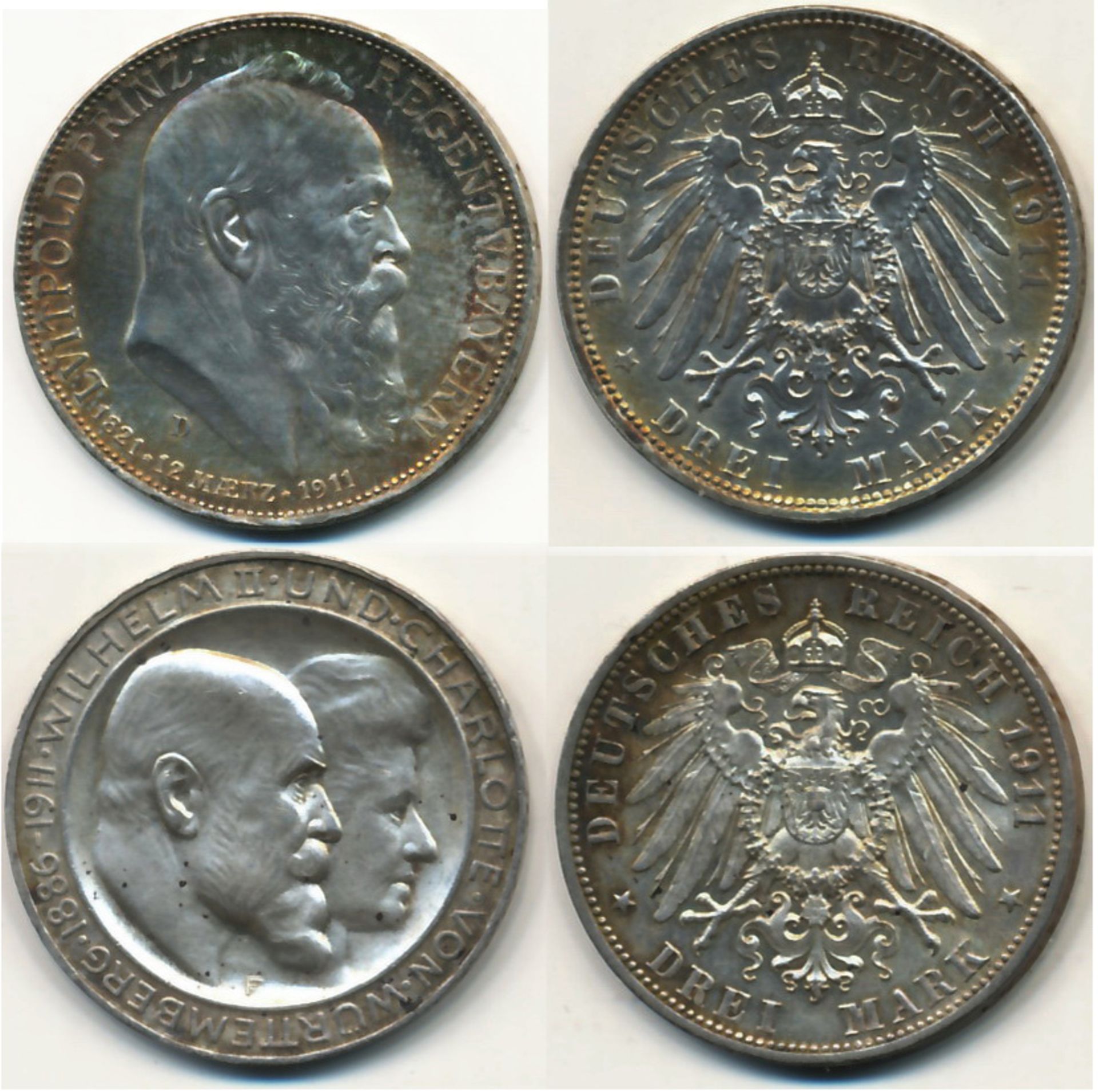 Kaiserreich 3 Mark Bayern 1911 am Rand leichte Tönung St.fein, und 3 Mark Württemberg 1911