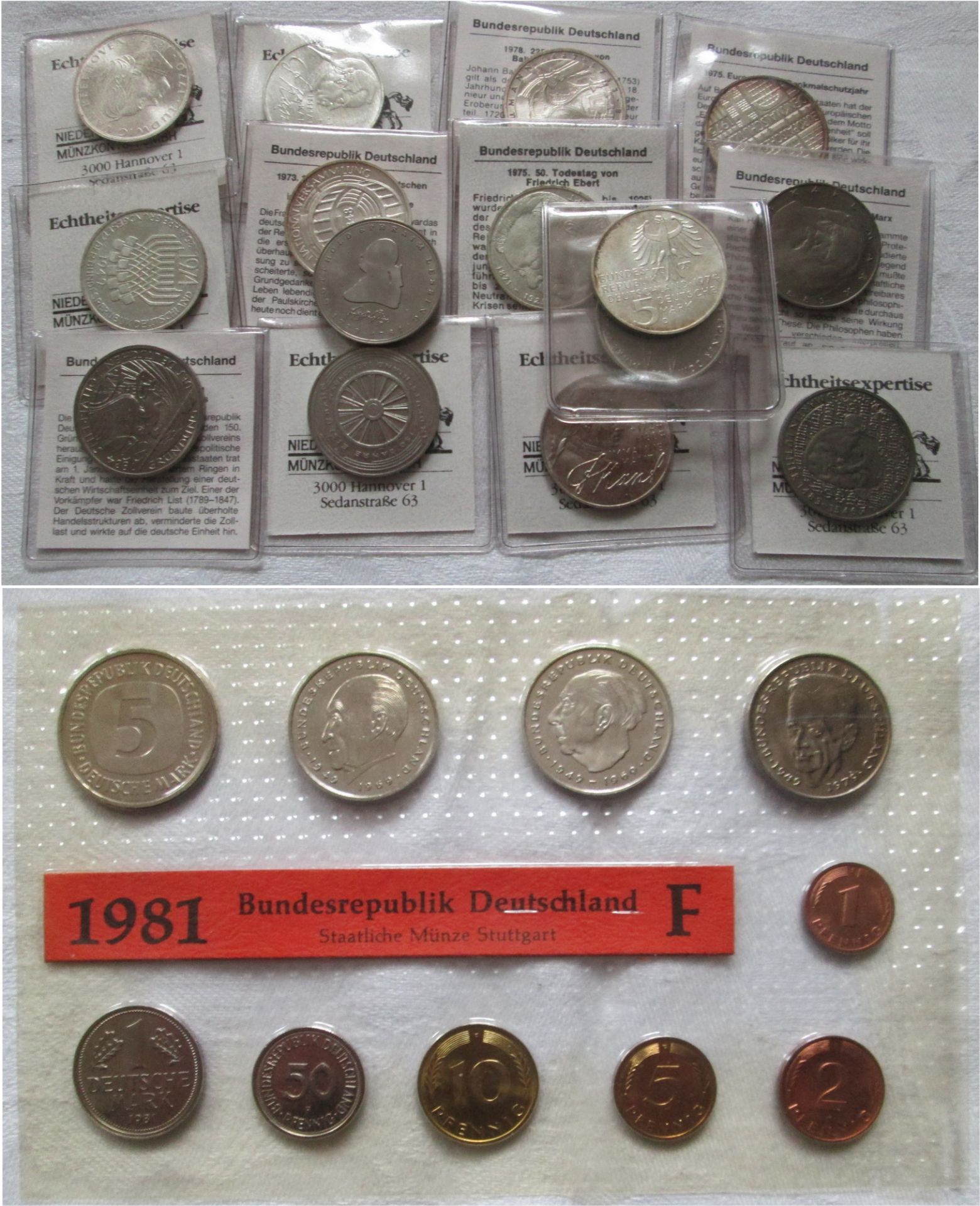 BRD Lot 15 x 5 DM 1970 – 1985 davon 9 x Silber und Kursmünzsatz 1981 F Blister rechts beschädigt