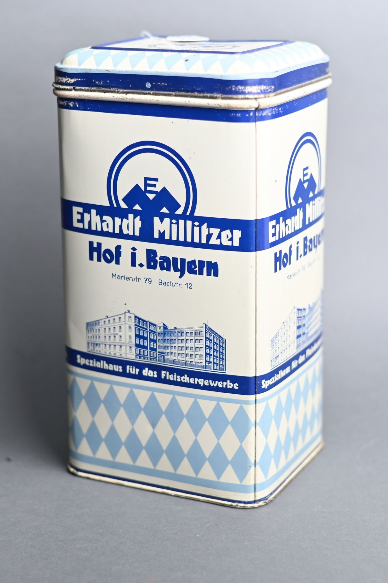 Große Blechdose Erhardt Millitzer Hof i. Bayern, Spezialhaus für das Fleischgewerbe, kleine