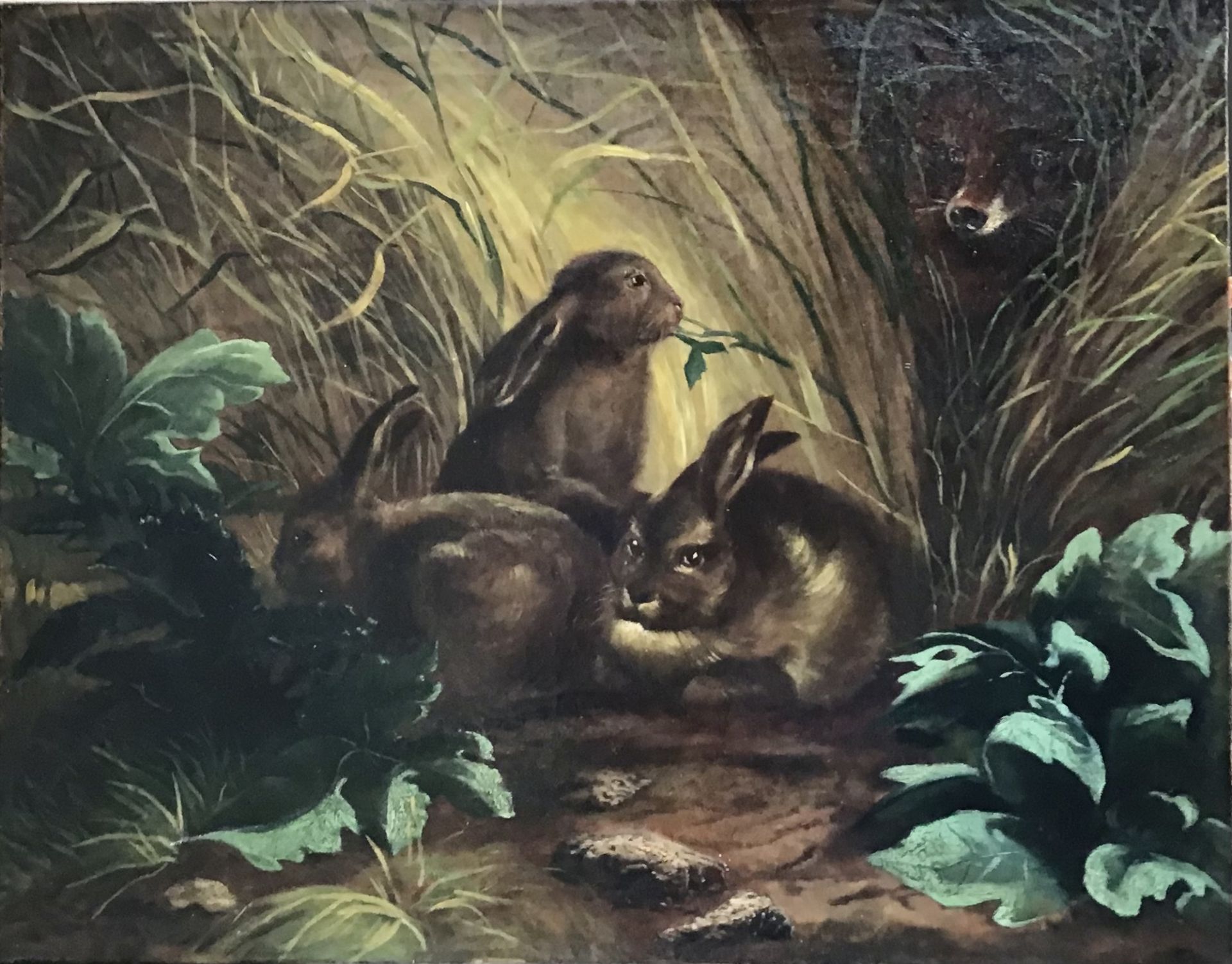 "Fuchs beobachtet Hasenfamilie", um 1800, Öl auf Leinwand und Keilrahmen, neu gereinigt,