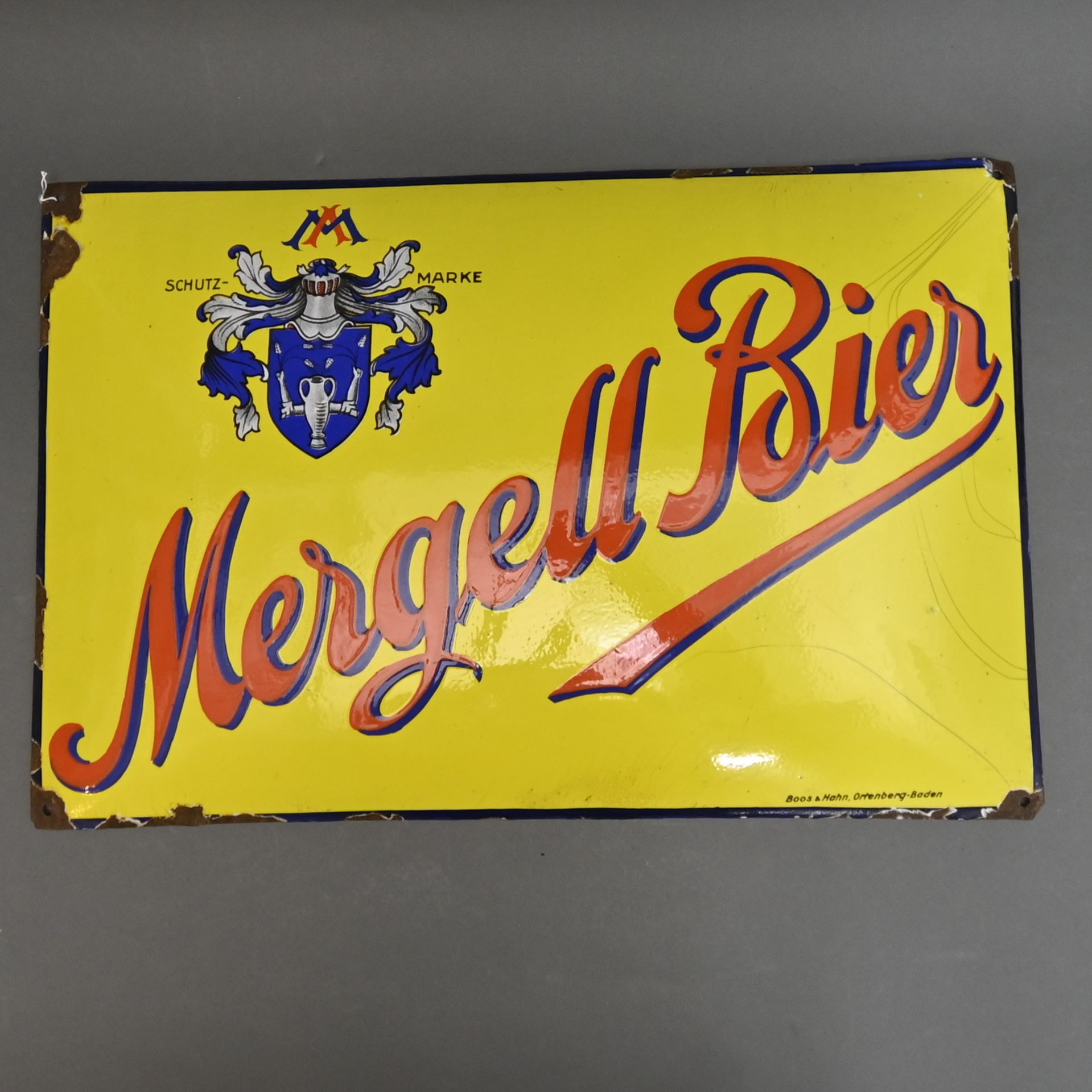 Emaille- Werbeschild "Mergell Bier", Arnstadt um 1925, gewölbt, Fa. Boos & Hahn, Ortenberg Baden, um