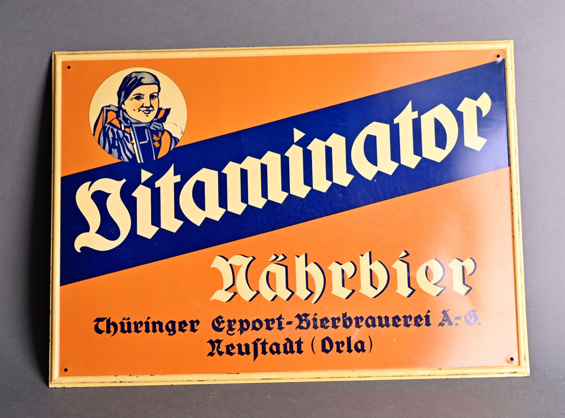 Blechschild "Vitaminator" Nährbier, Thüringer Export-Bierbrauerei Neustadt (Orla), Herst. Union