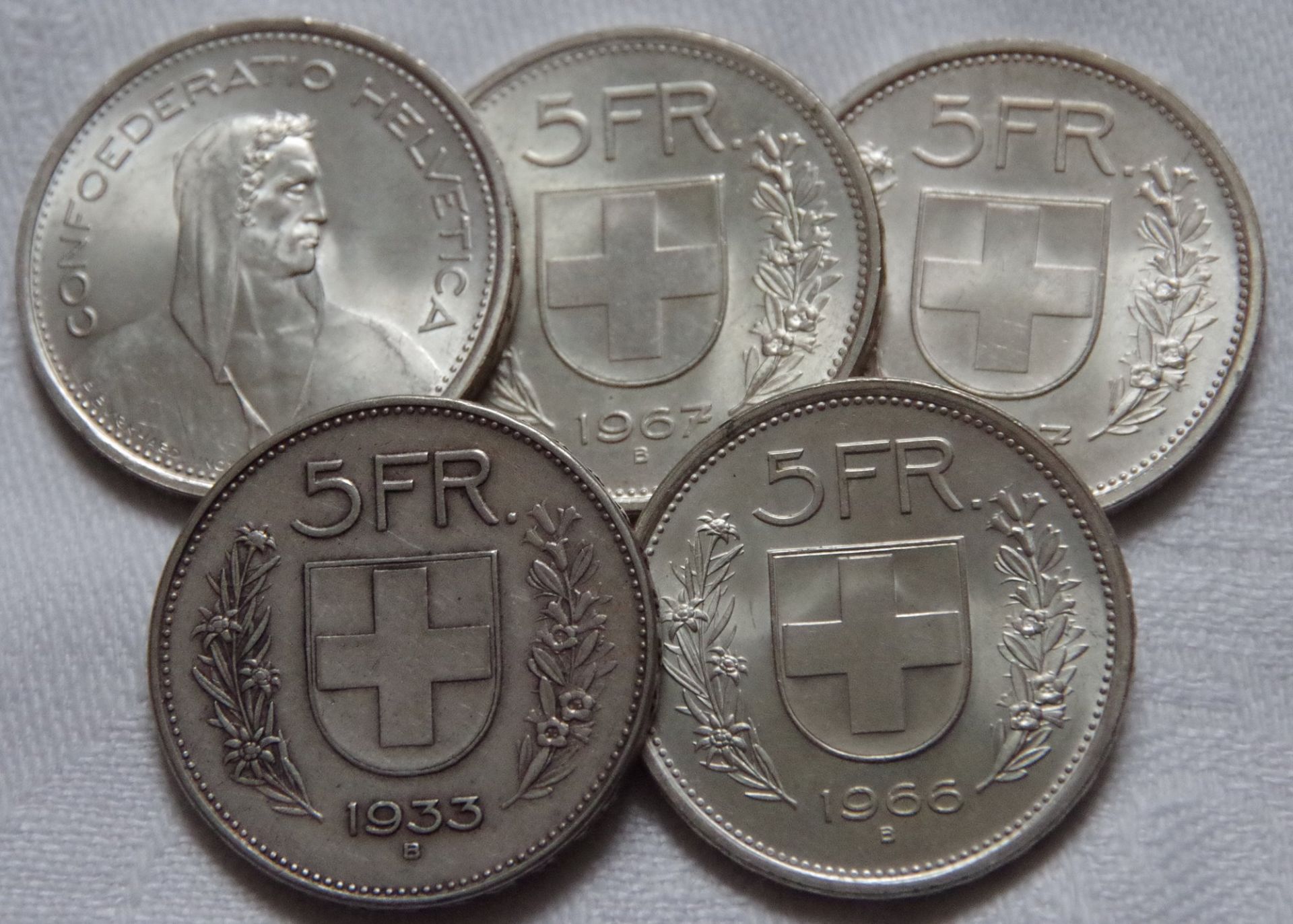 Schweiz Lot 5 x 5 Franken 1933, ss, 1966/67 St. Silber