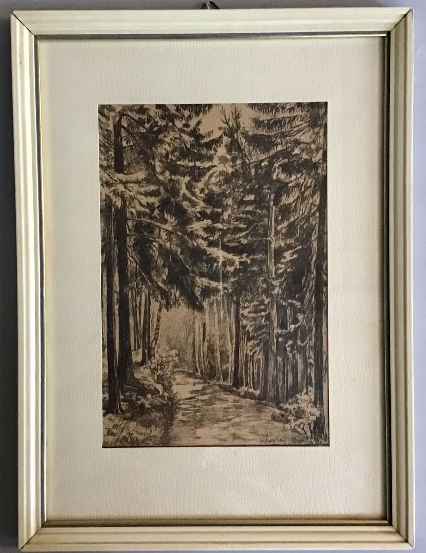 Knothe, Hermann RO, Bad Elster, Lithographie "Waldweg zur Alm", hinter Glas gerahmt, AM 25 x 34 cm