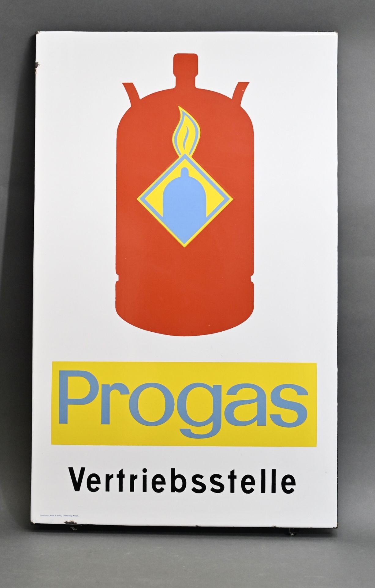 Emaille-Werbeschild "Propangas-Vertriebsstelle", abgekantet, um 1930, Pyro-Email Boos & Hahn,