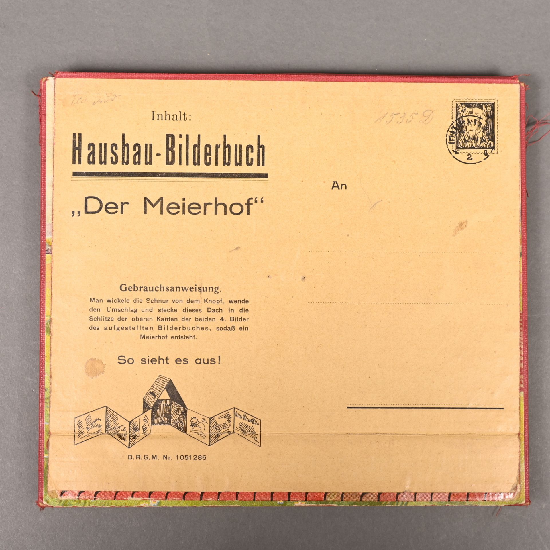 Das Hausbau-Bilderbuch "Der Meierhof", D.R.G.M. um 1930-40, Bilderbuch bespielt, aber guter Zustand