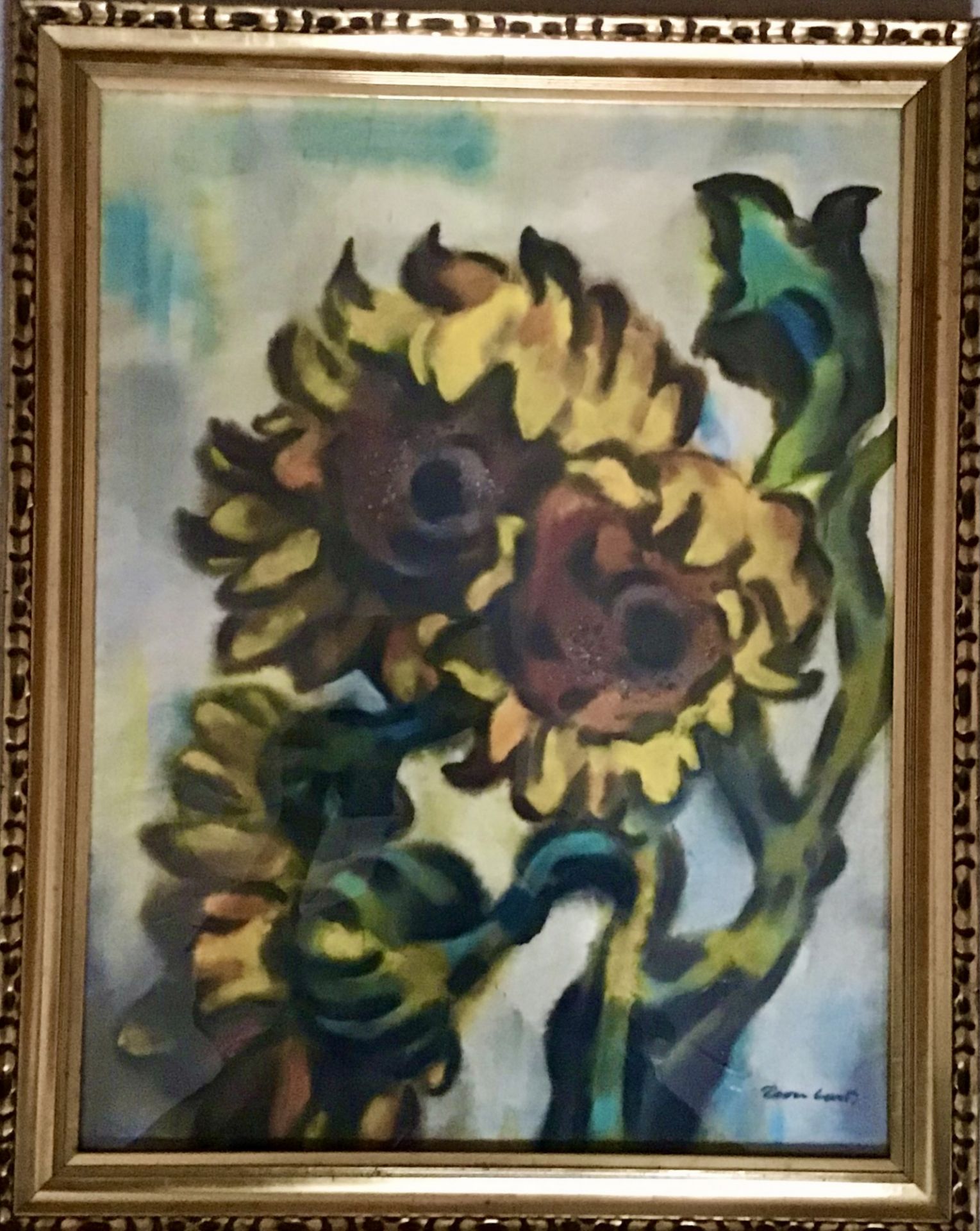 Leonhard, Jürgen geb. 1917, gest. Karl-Marx-Stadt (Chemnitz) dt. Maler, "Sonnenblumen im Wind",