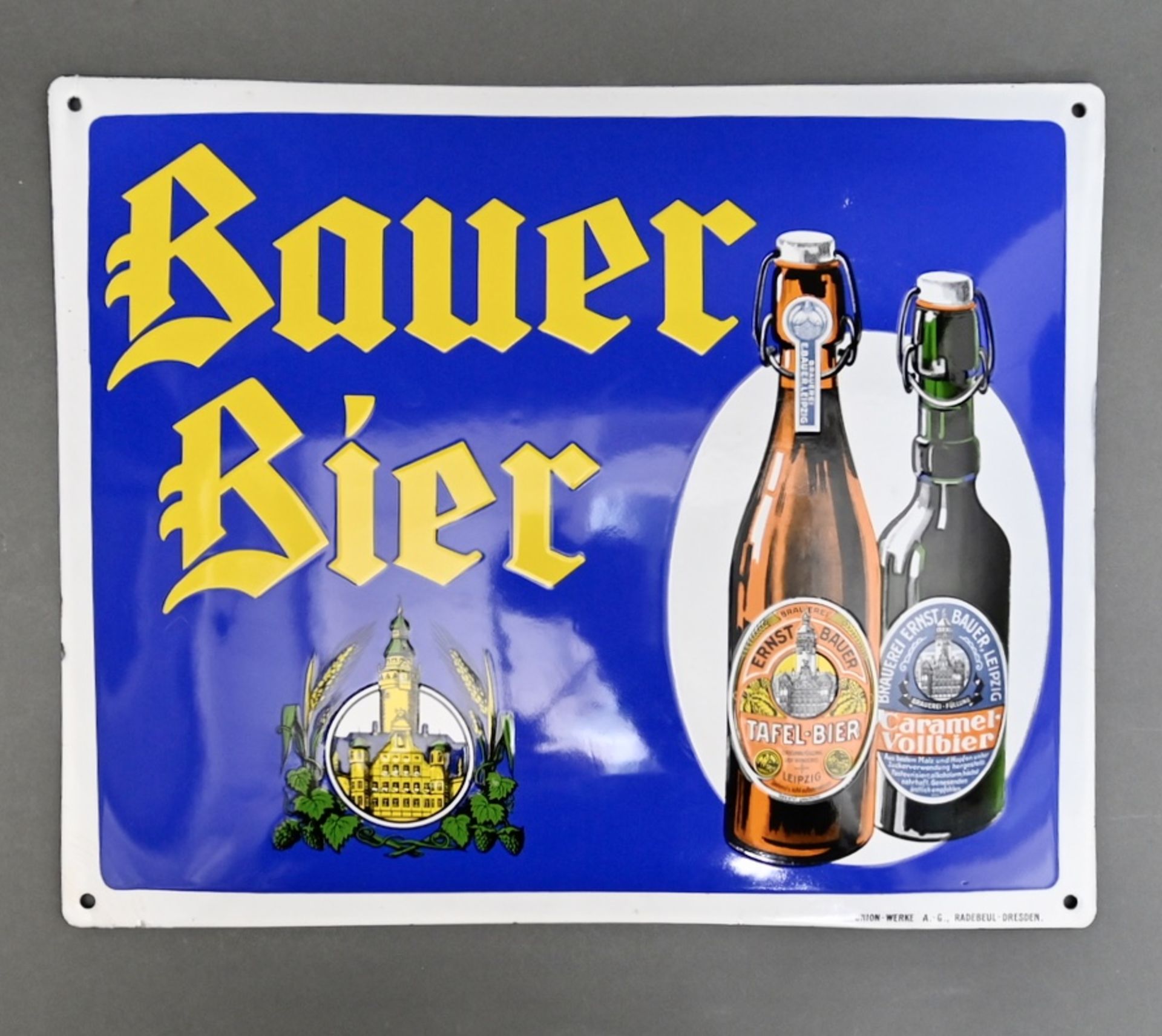 Emaille-Werbeschild "Bauer-Bier" Brauerei Ernst Bauer Leipzig, um 1920, Hersteller: Union-Werke