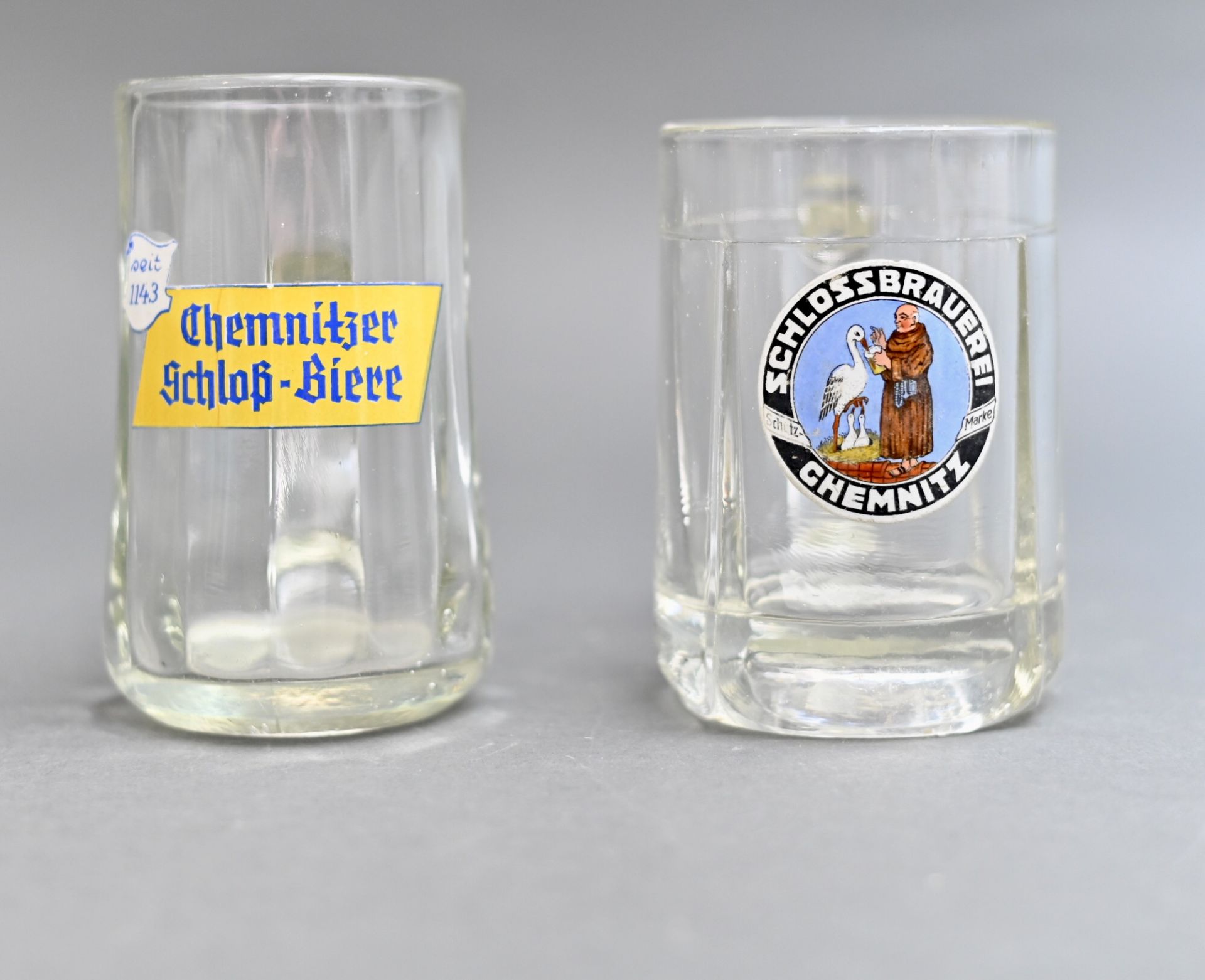 Zwei Henkelgläser, "Schlossbrauerei Chemnitz" 6/20l und "Chemnitzer Schloß-Biere" von Hand geeicht