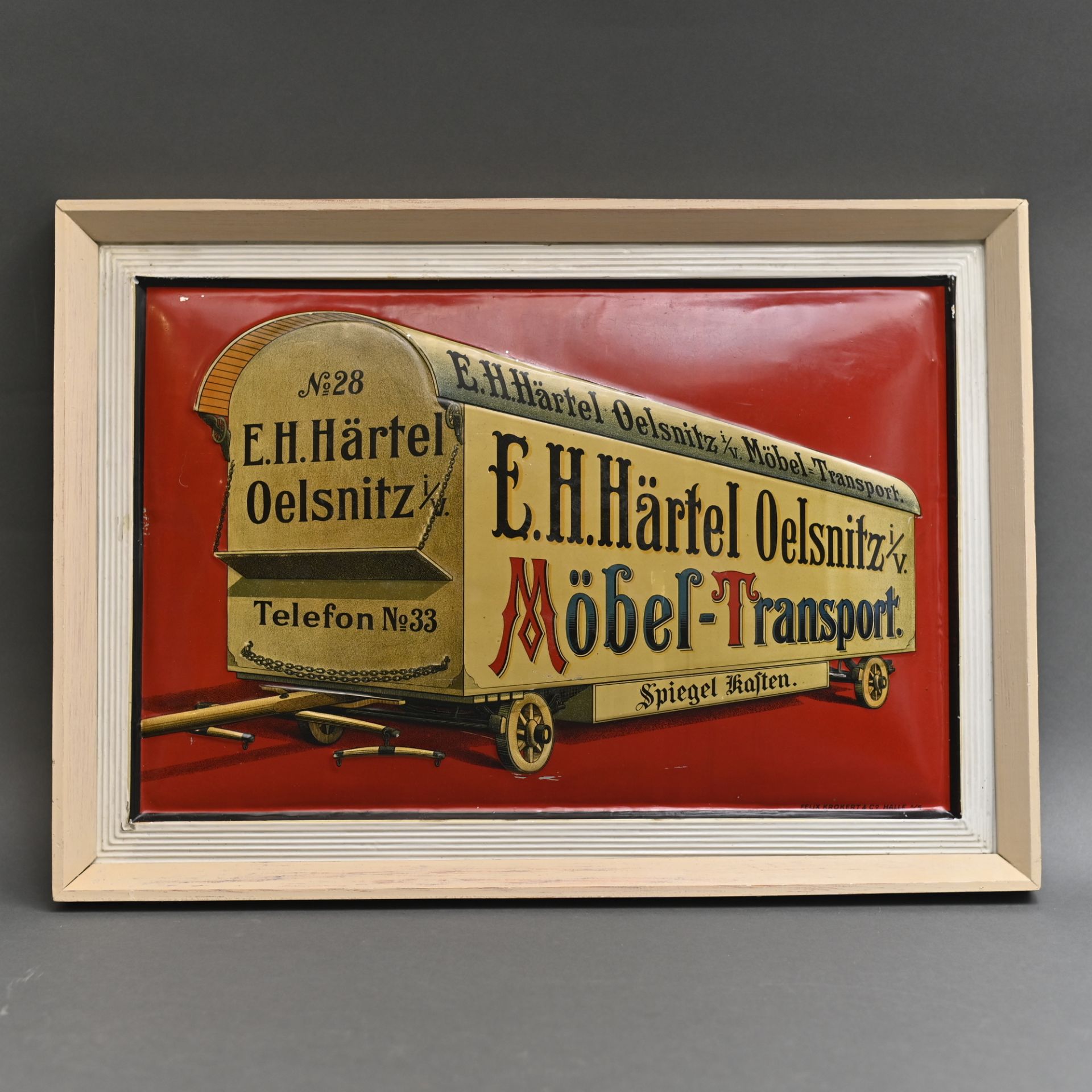 Original Blechschild "Möbel-Transport E.H. Härtel Oelsnitz i. Vogtl.", um 1920, Hersteller Felix
