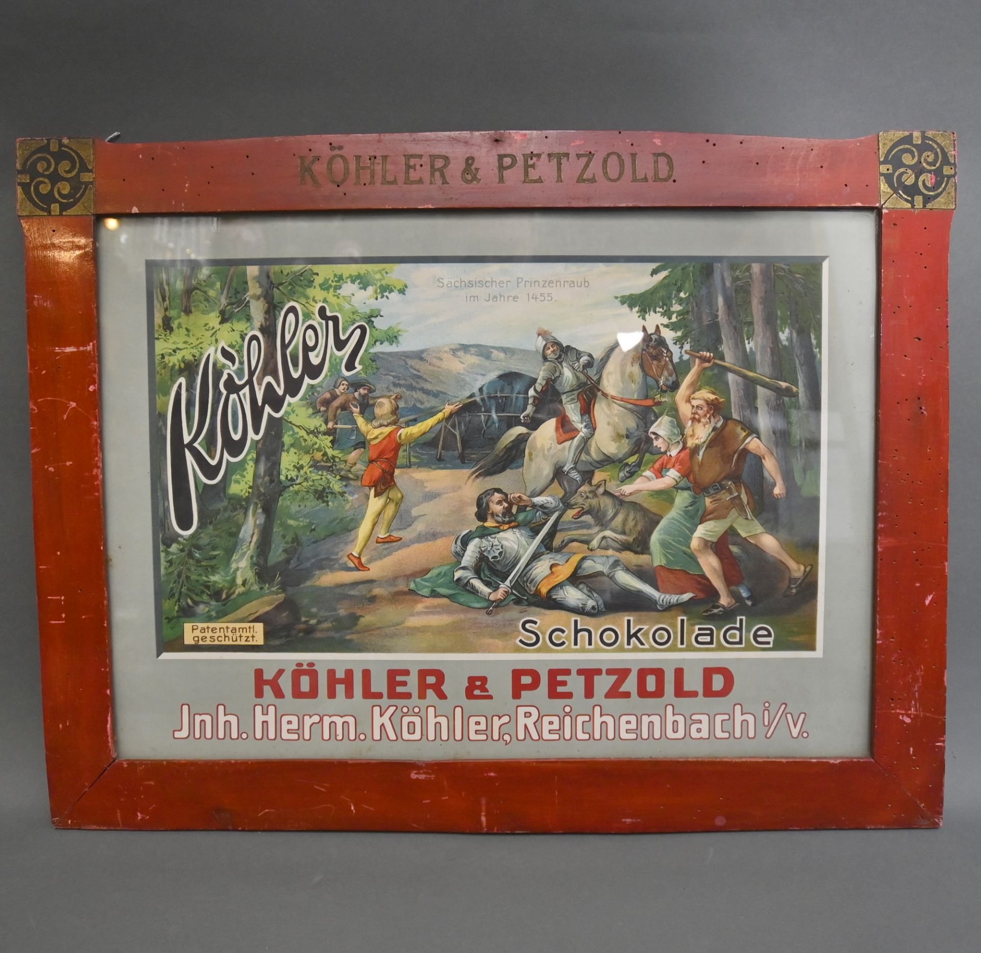 Papplithographie, gerahmt hinter Glas, "Köhler & Petzold" Schokoladenfabrik Reichenbach/V., Schild - Bild 2 aus 2