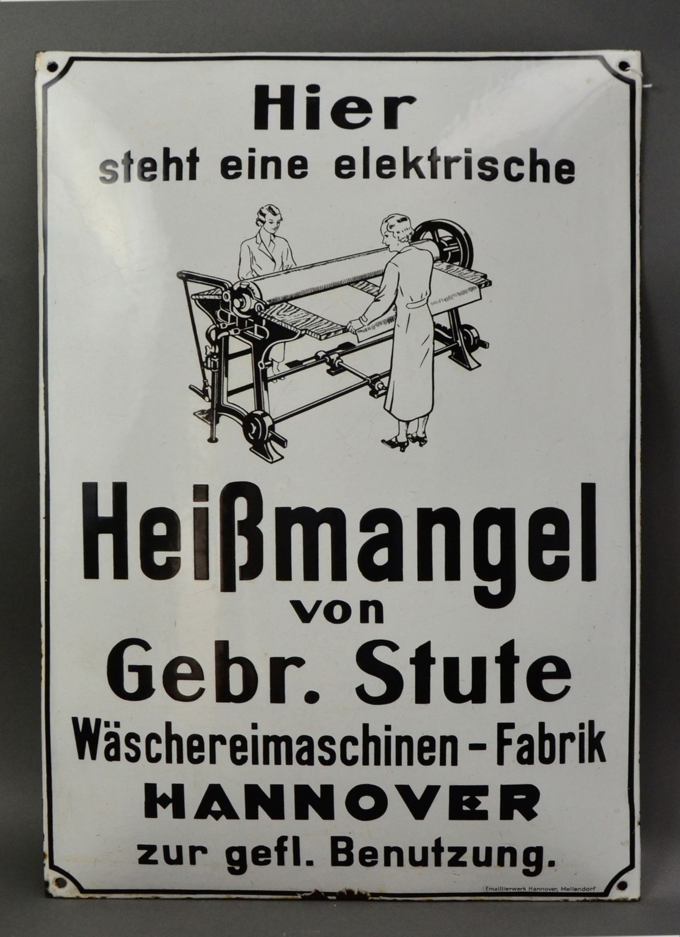 Emailleschild "Heißmangel Gebr. Stute Hannover", um 1920,