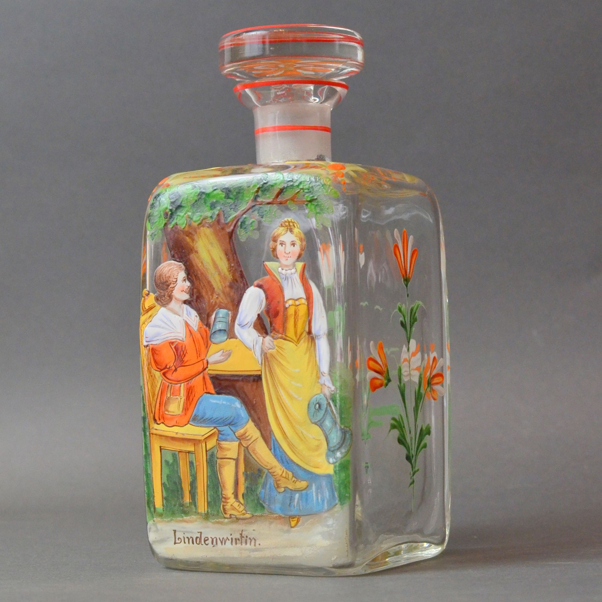 Gründerzeit-Karaffe, farbloses Glas, formgeblasen, um 1880, "Die Lindenwirtin zu Nürnberg",