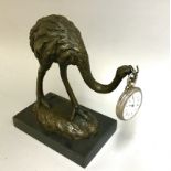 Taschenuhrenständer "Vogel Strauß", Bronze auf Marmorplinthe, Frankreich 20.Jh., H.18 cm,
