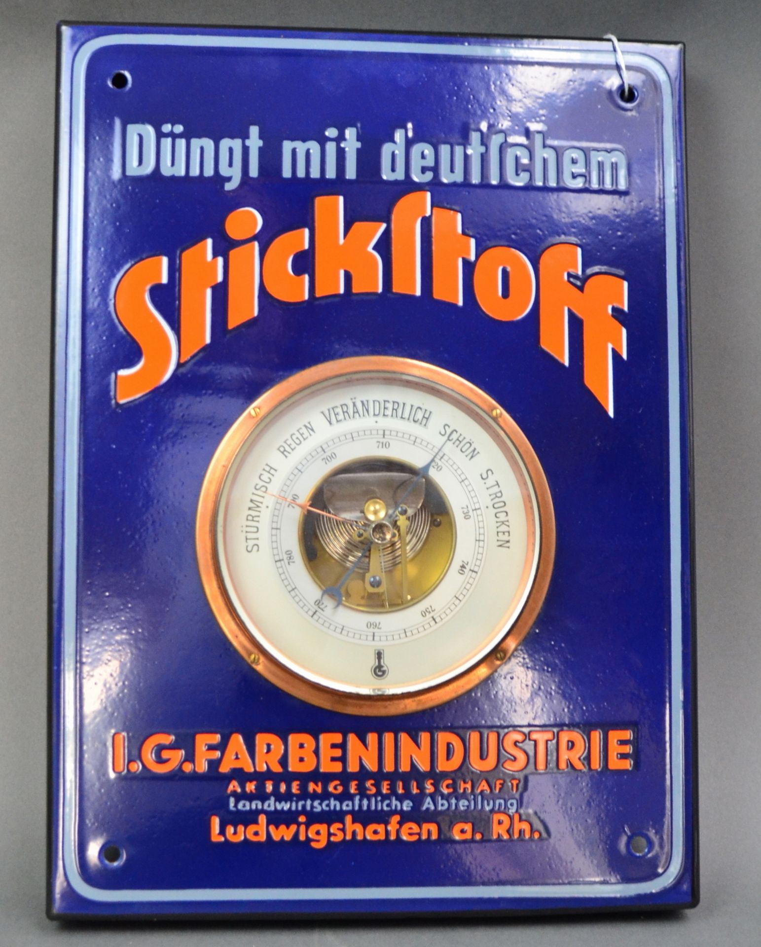 Emaille-Barometer I.G. Farbenindustrie Ludwigshafen "Düngt mit deutschem Stickstoff"