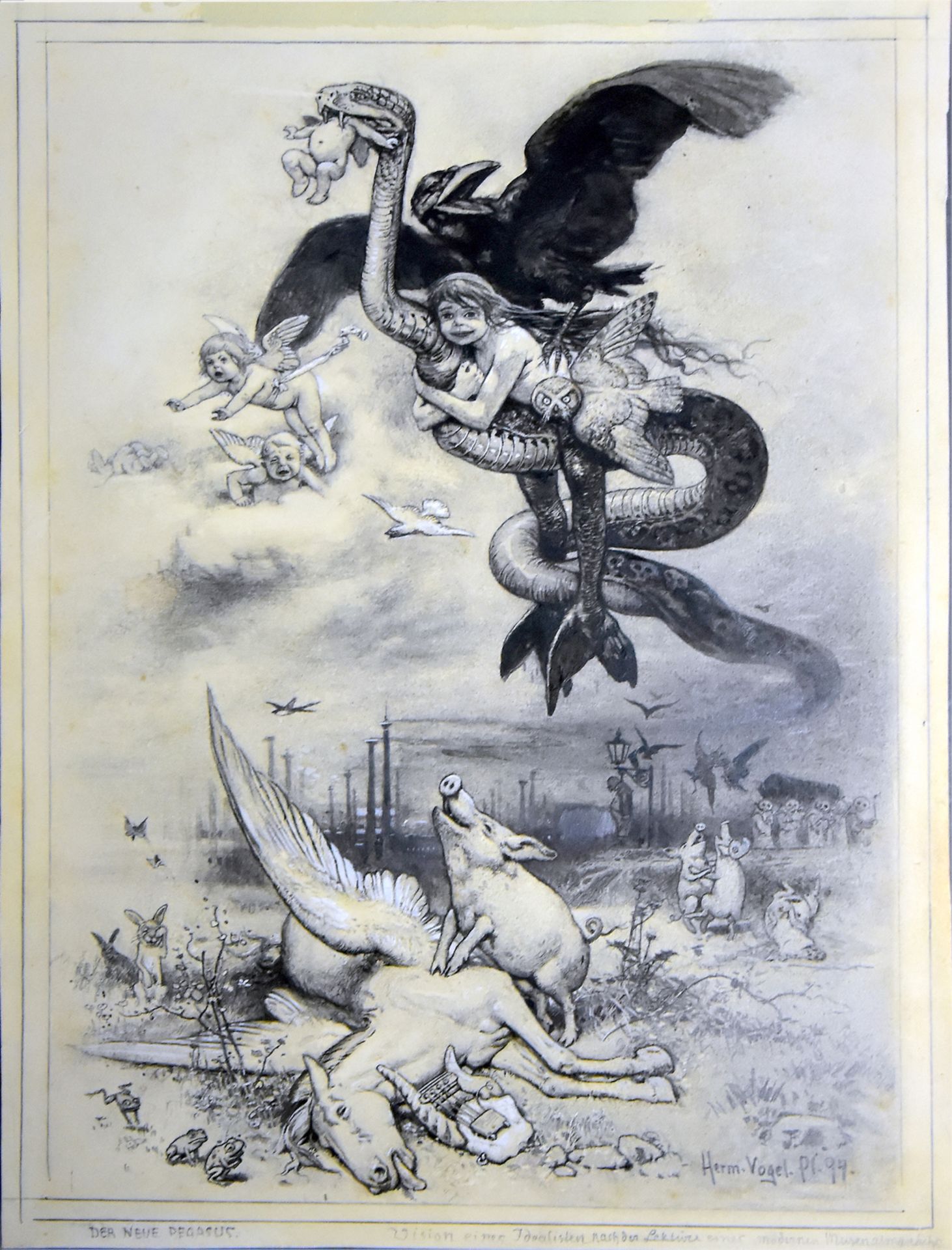 dito Vogel, Herrmann, Bleistiftzeichnung "Der neue Pegasus", signiert und datiert 1899,