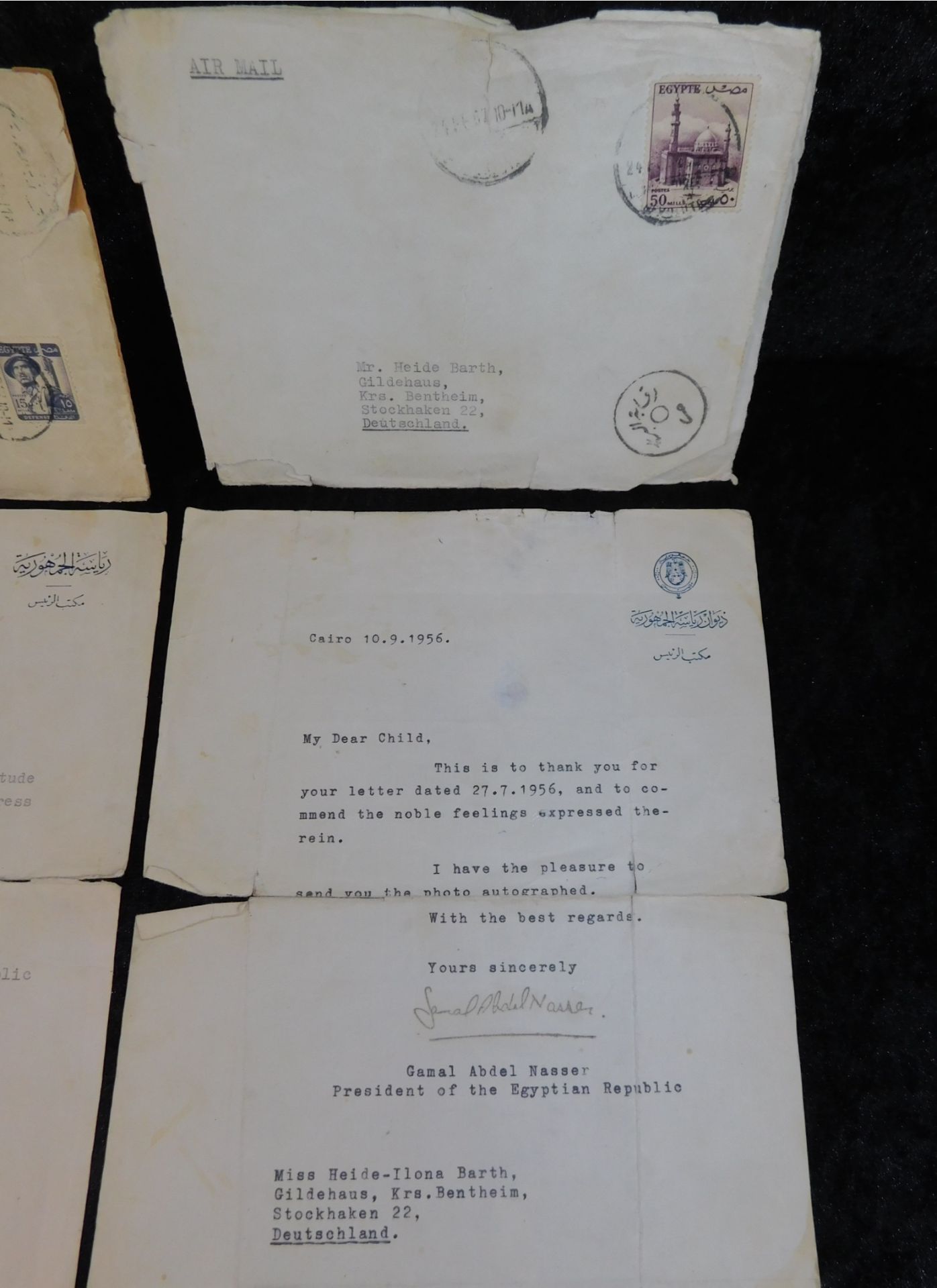 Autogrammkarten Erhardt, Adenauer, Bismarck/2 Briefe von Nasser, ägypt. Staatspräsident - Bild 4 aus 5