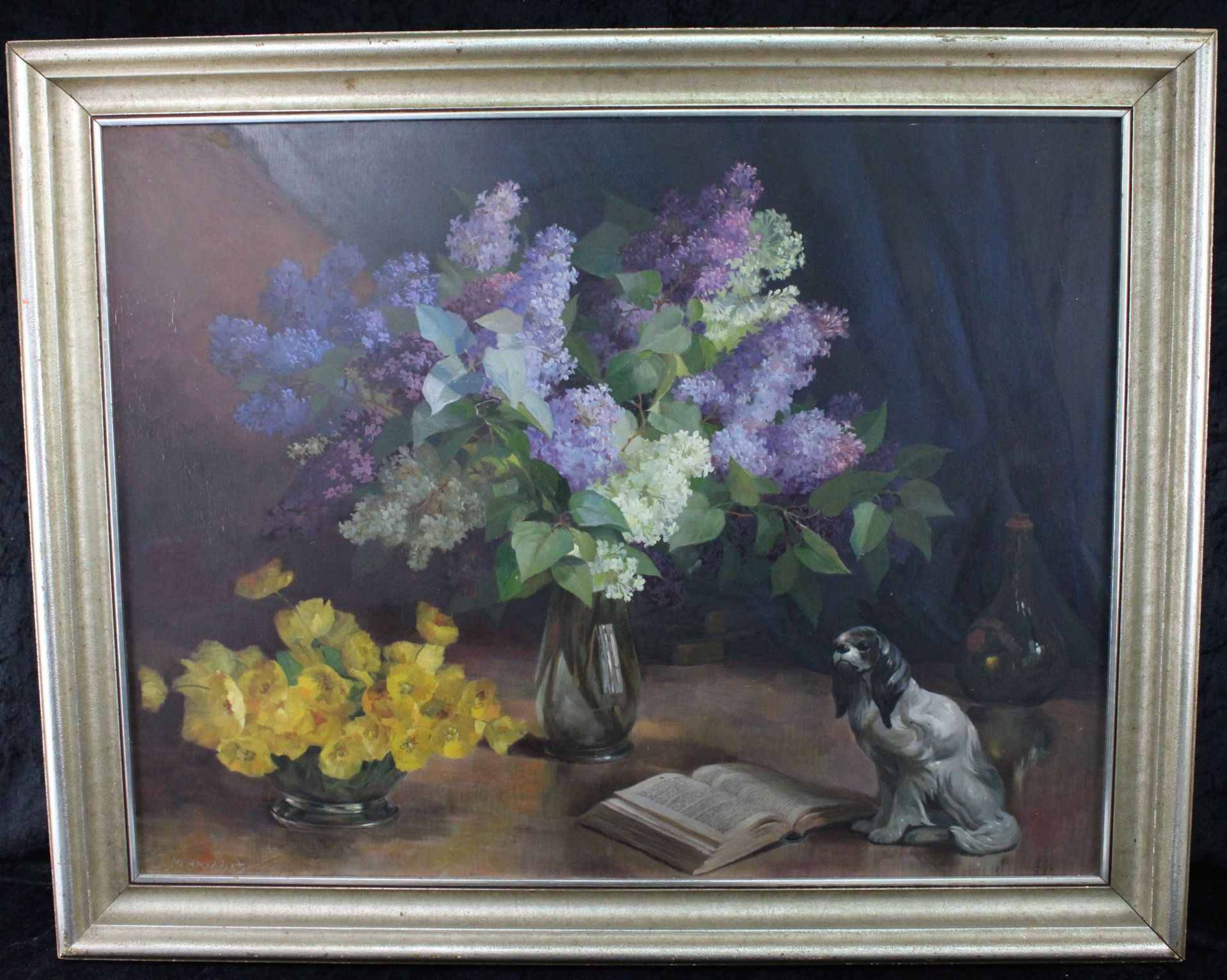 J. Morellet, Maler 20.Jh., "Stillleben m. Vase und Hund", Öl/Holz, sig., 92x72 cm
