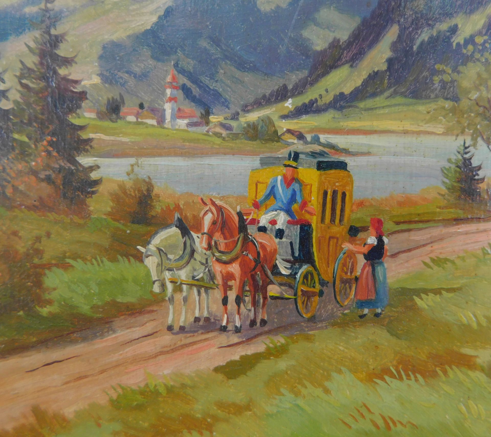 Arno Zetzmann (*1904-1974) "Die Postkutsche kommt" Öl/ Platte, Restsignatur, 24 x 18 cm - Bild 4 aus 5