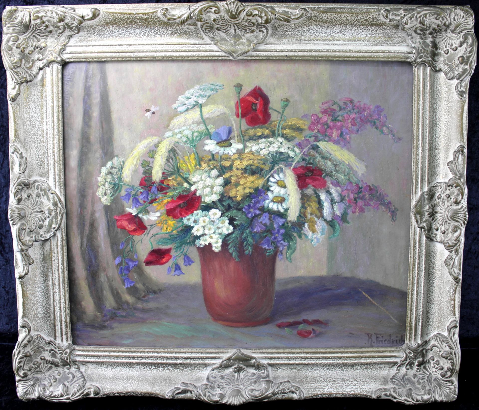 R. Friedrich, "Blumen in Vase", Öl/Platte, unten rechts signiert, 1.H.20.Jh., 52x61 cm