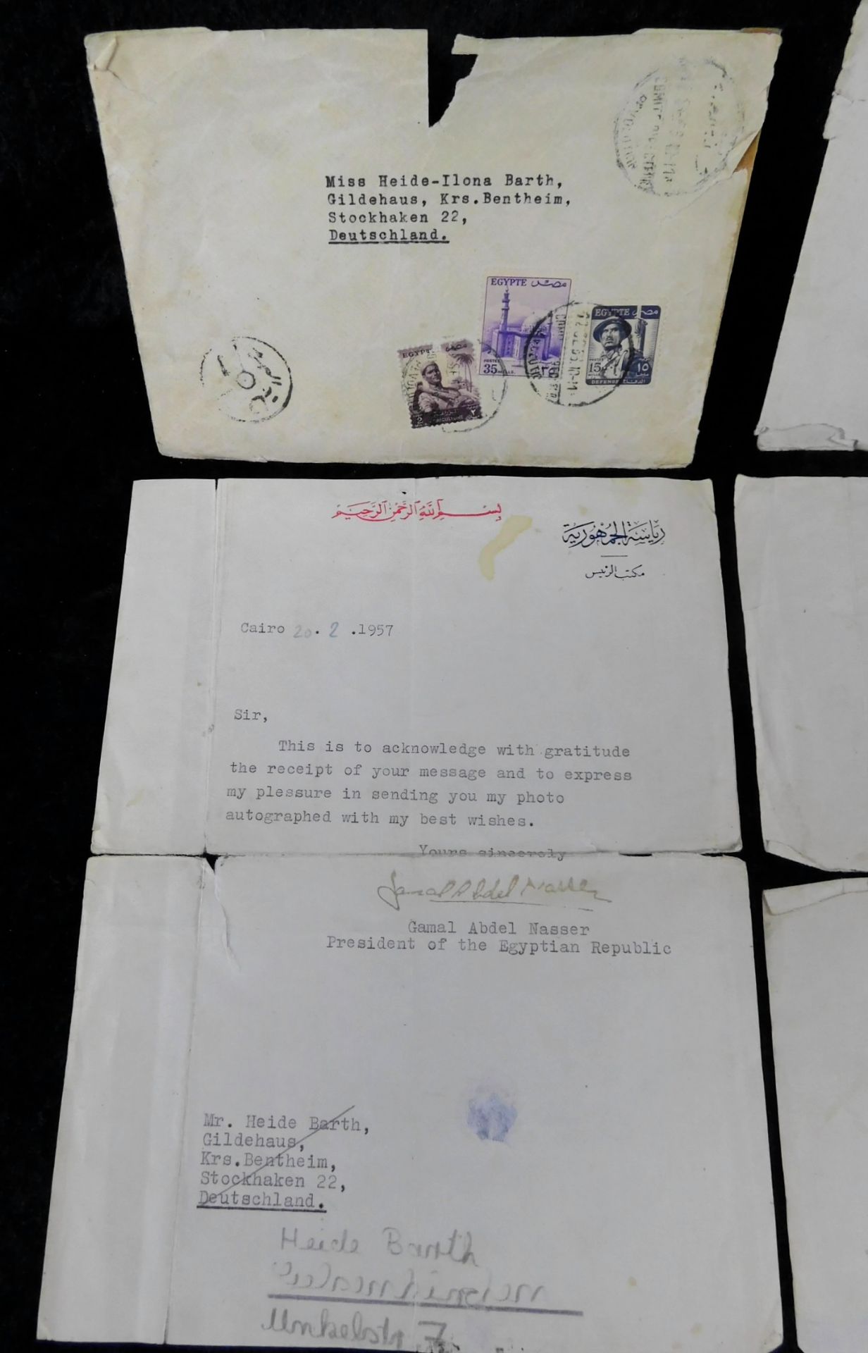 Autogrammkarten Erhardt, Adenauer, Bismarck/2 Briefe von Nasser, ägypt. Staatspräsident - Bild 3 aus 5