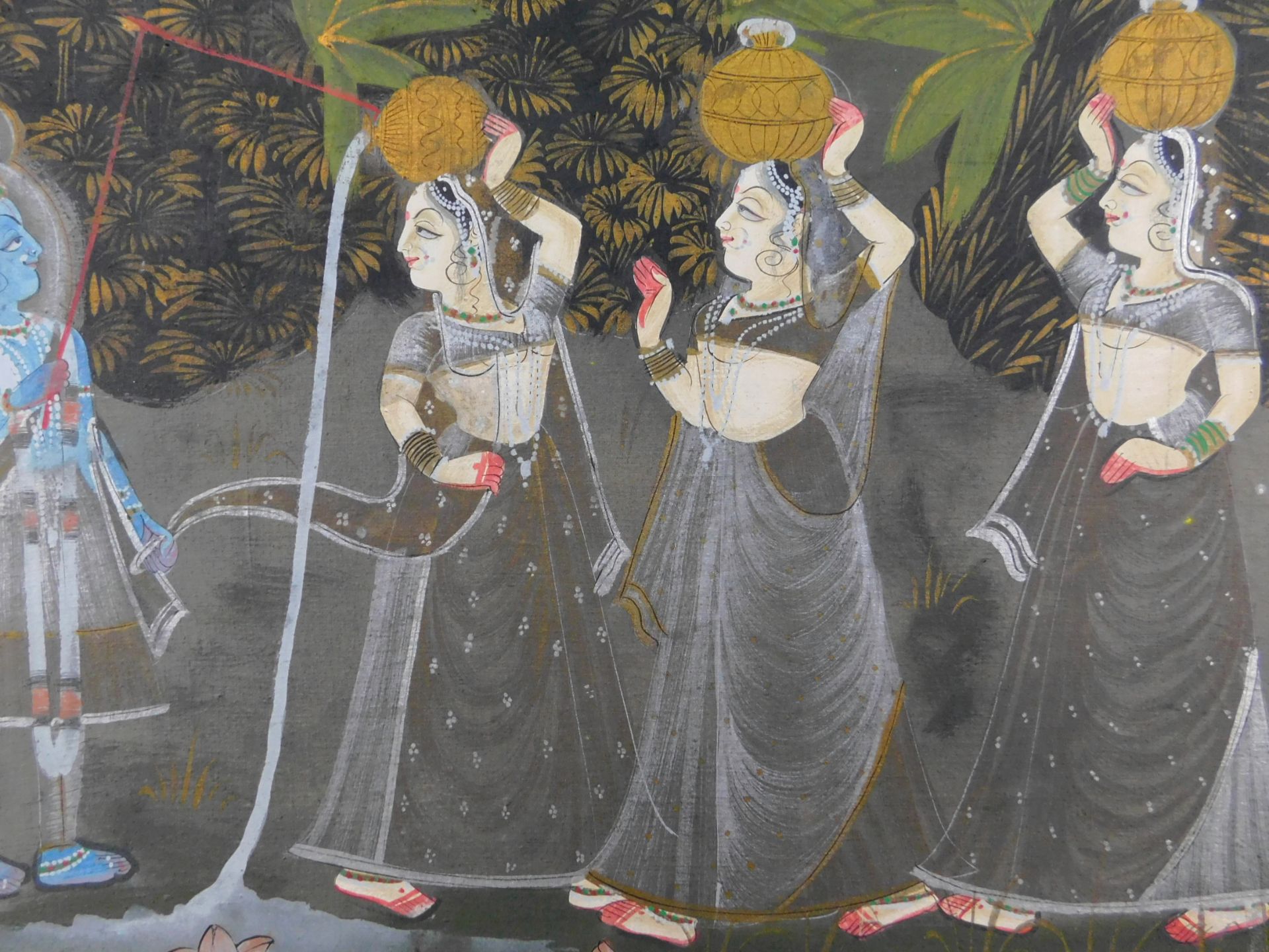 Stoffmalerei, Huldigung d. Gottheiten Radha/Krishna, Indien 20.Jh., 143,5 x 57,5 cm - Bild 4 aus 5