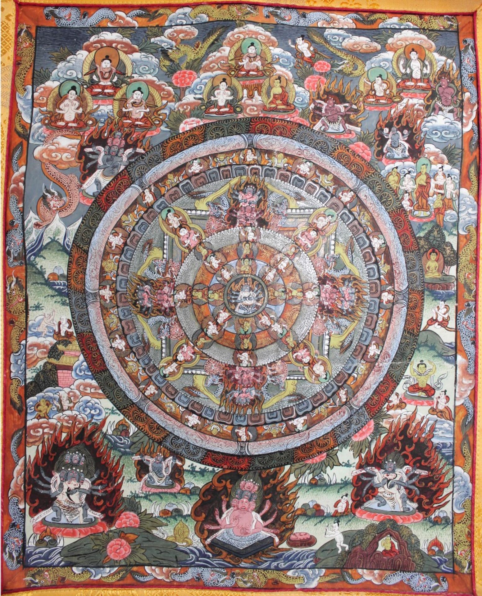 Mandala Rollbild des tantrischen Buddhismus f. d. Meditation "Rad des Lebens", Tibet, 20.Jh. - Image 2 of 4