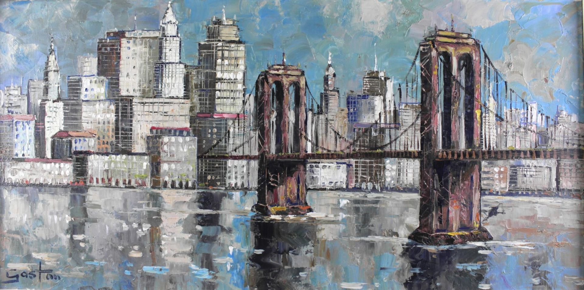 Gaston, Maler 20.Jh., "New Yorker Brooklyn Bridge" Öl/Leinwand, signiert, 40,5 x 80 cm - Bild 2 aus 6
