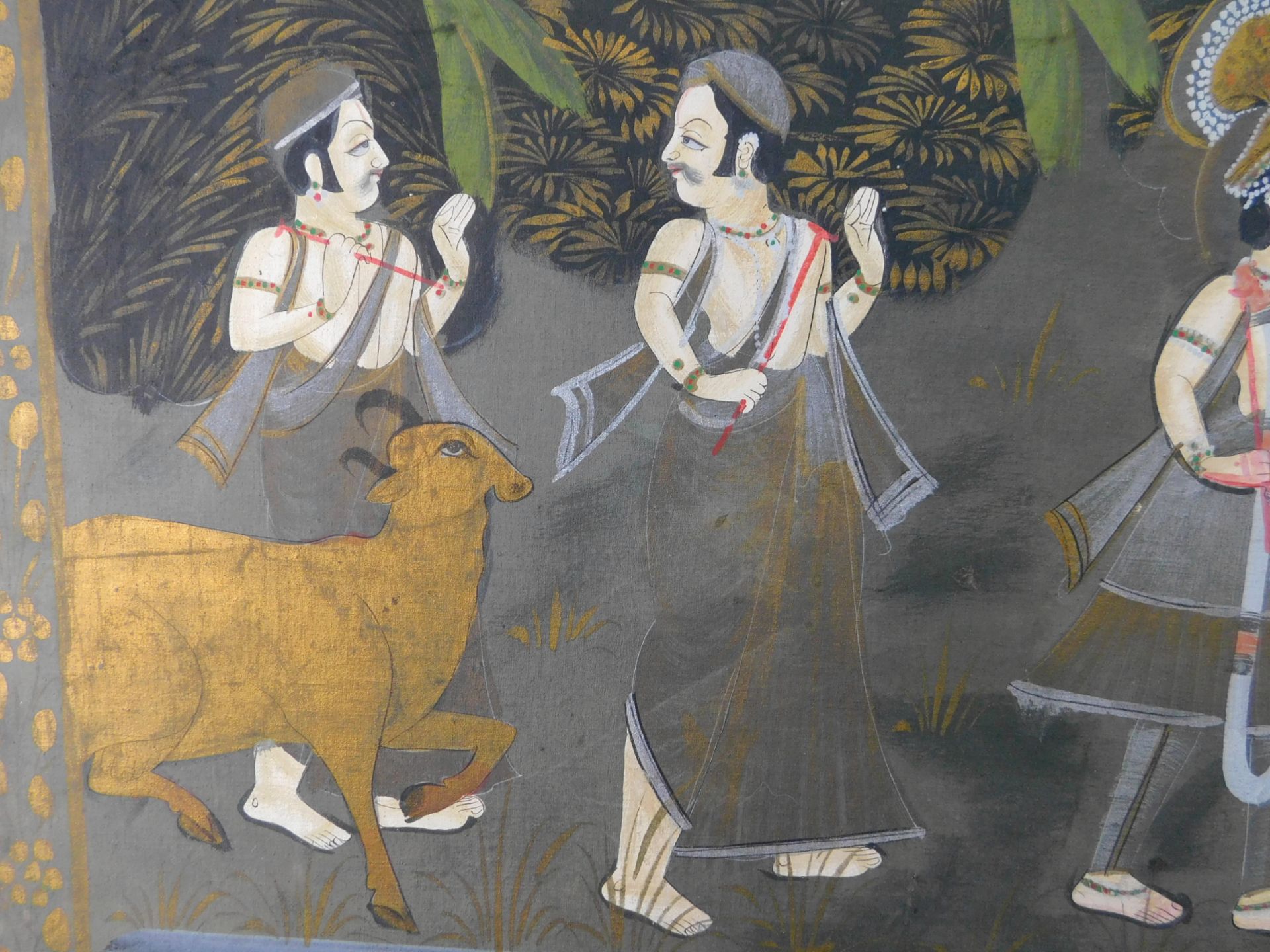 Stoffmalerei, Huldigung d. Gottheiten Radha/Krishna, Indien 20.Jh., 143,5 x 57,5 cm - Bild 2 aus 5
