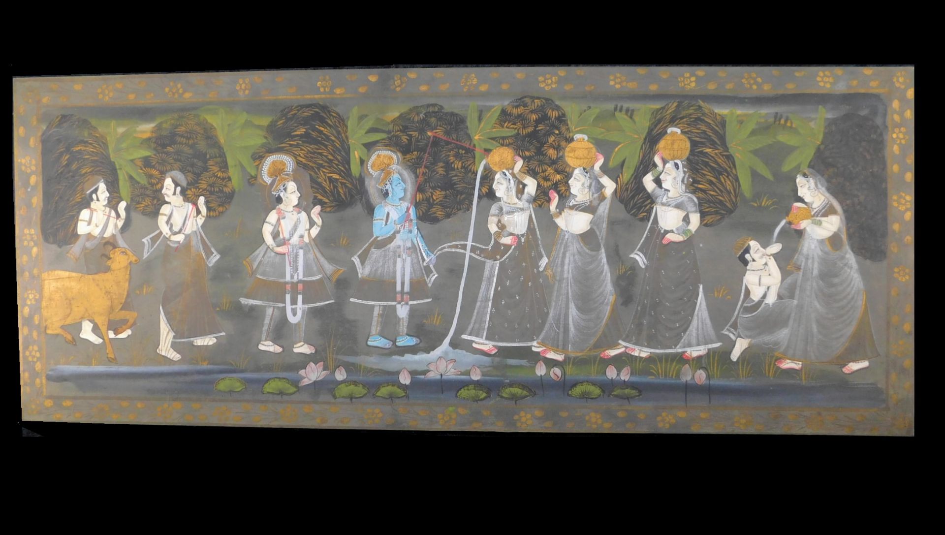 Stoffmalerei, Huldigung d. Gottheiten Radha/Krishna, Indien 20.Jh., 143,5 x 57,5 cm