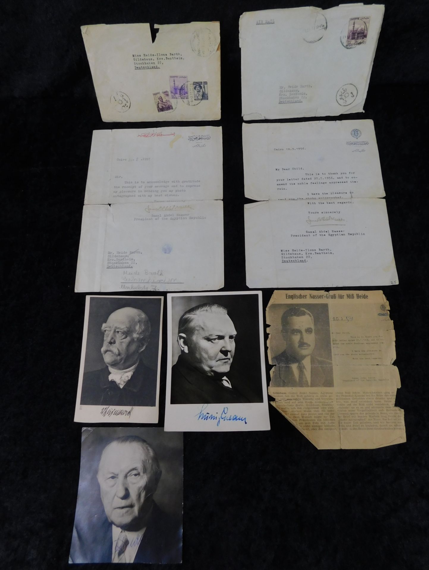 Autogrammkarten Erhardt, Adenauer, Bismarck/2 Briefe von Nasser, ägypt. Staatspräsident