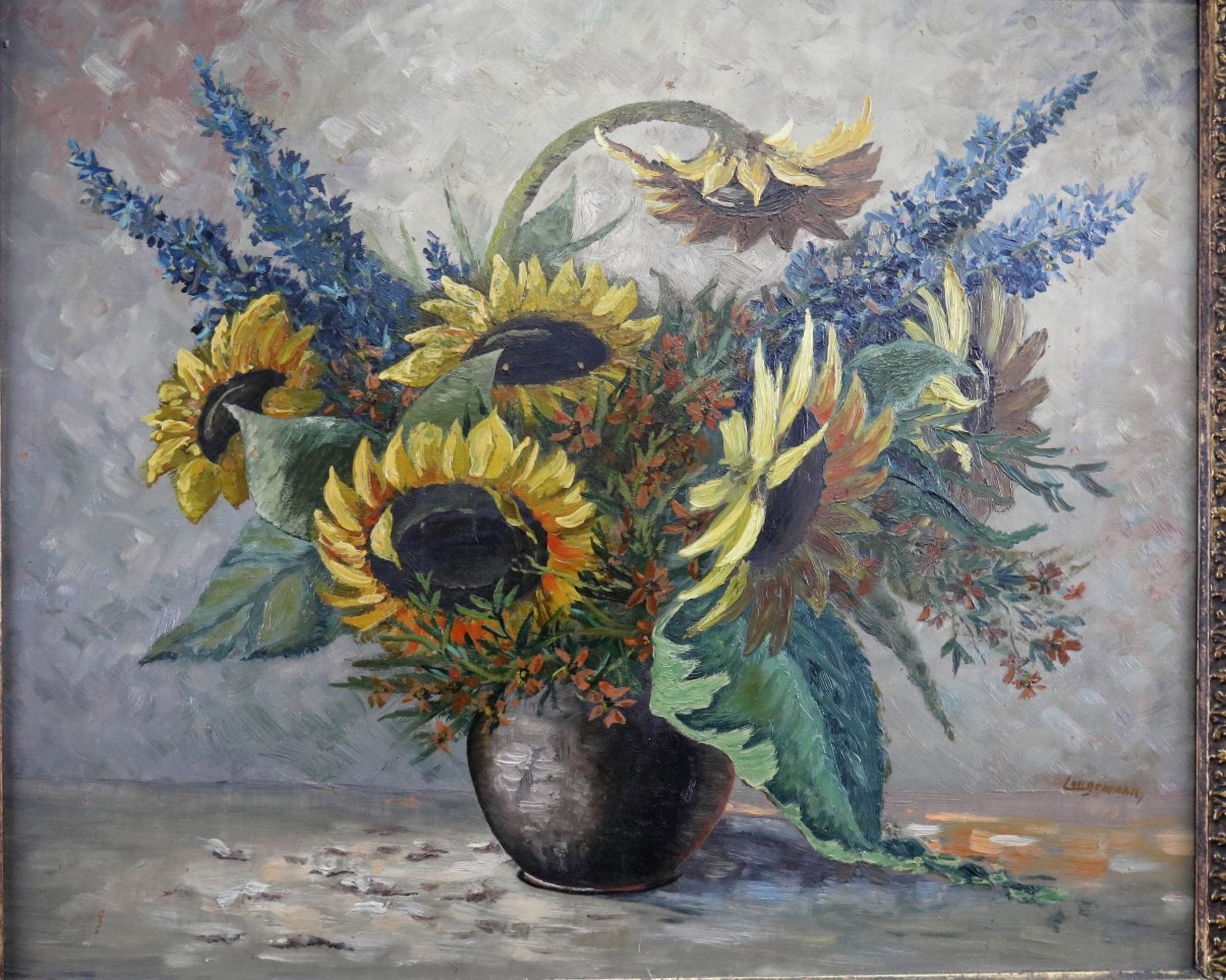 "Sonnenblumen", Öl/Leinwand, sign. "Langemann 1949", 50 x 71 cm - Image 2 of 5