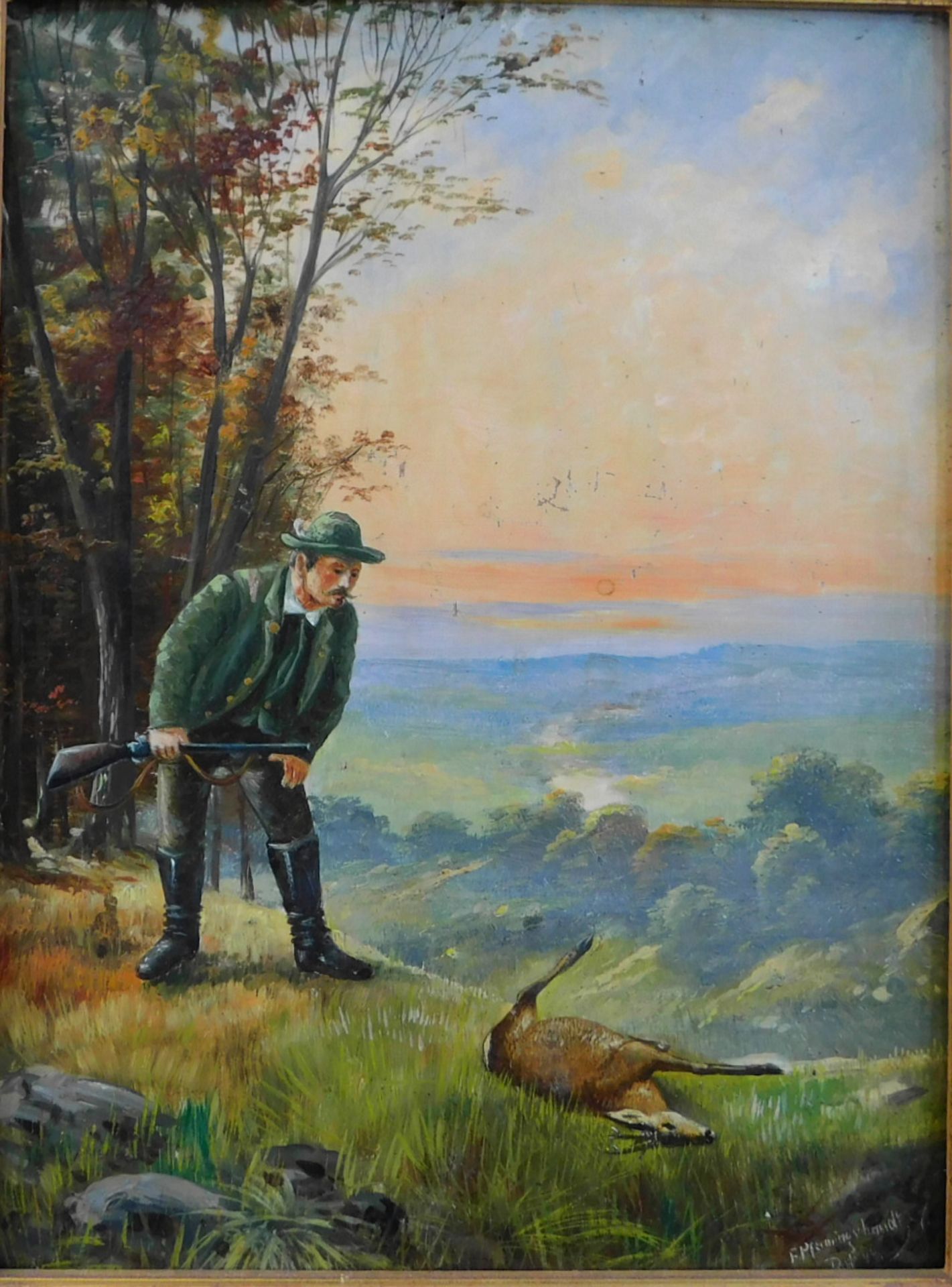 F. Pfenningschmidt "Jäger mit Reh" sig. u. dat.(18)99 Ortsbez. Düsseldorf, Öl auf Holz, m.R. - Image 2 of 5