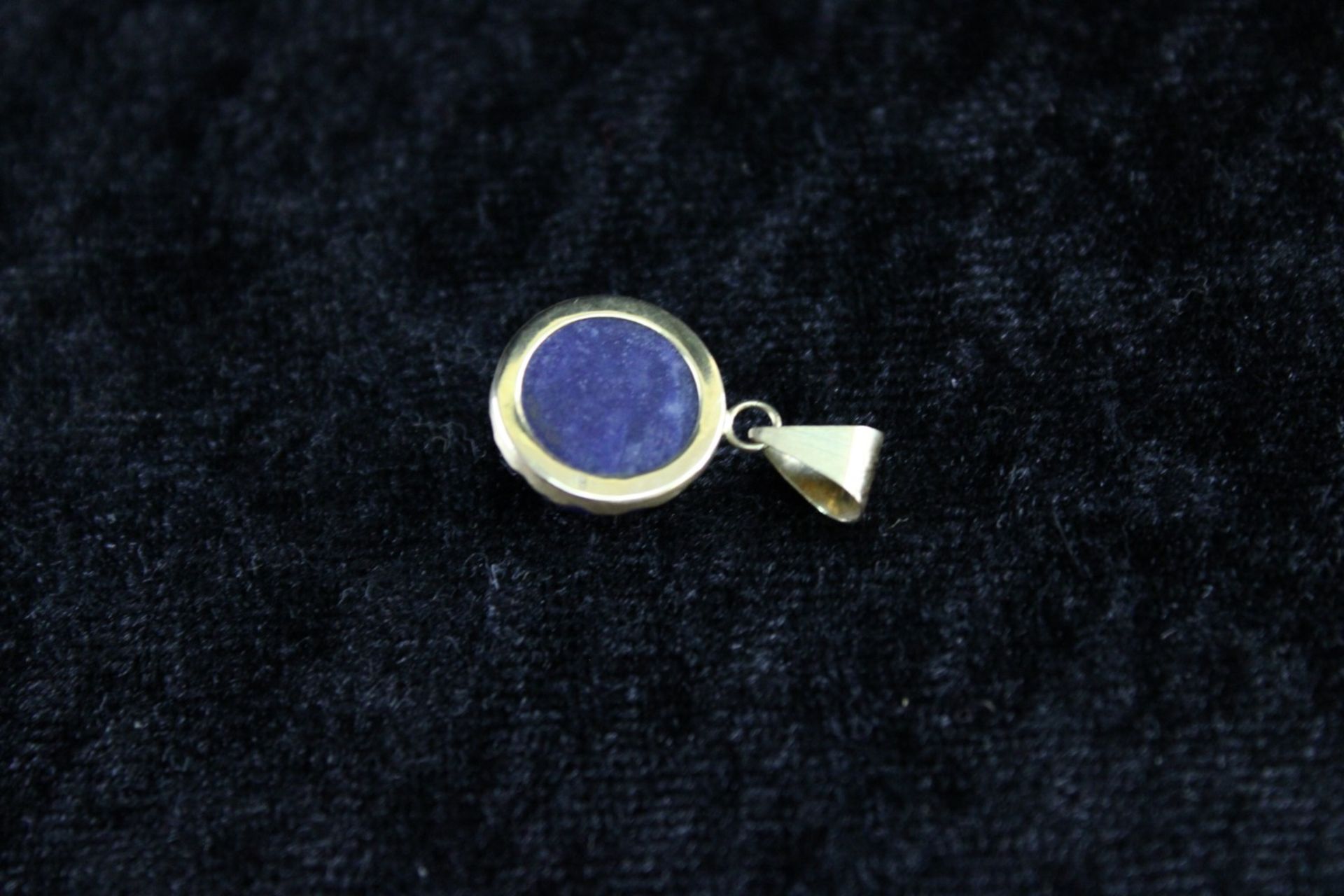 Lapislazuli Anhänger, Cabochonschliff, Ø 19 mm, 585er Gold, punziert, 20. Jh. - Bild 3 aus 3