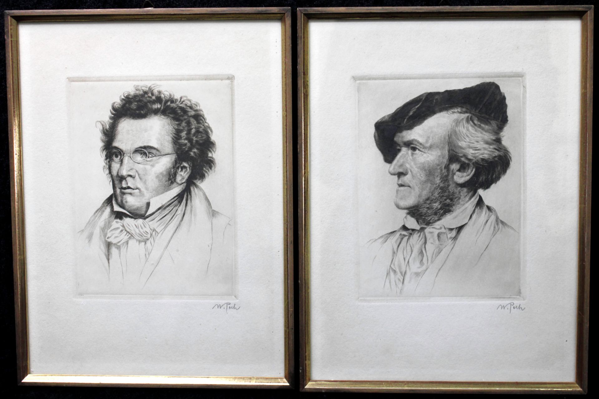 Wilhelm Pech *1911, 2 Radierungen Komponisten Franz Schubert/Richard Wagner