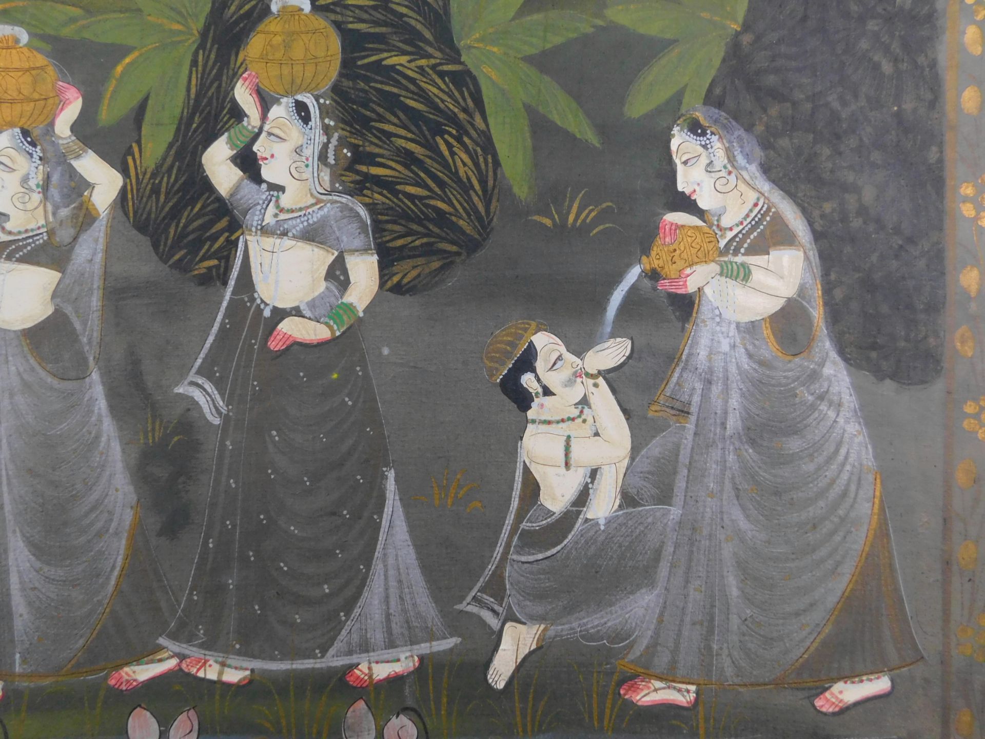 Stoffmalerei, Huldigung d. Gottheiten Radha/Krishna, Indien 20.Jh., 143,5 x 57,5 cm - Bild 5 aus 5
