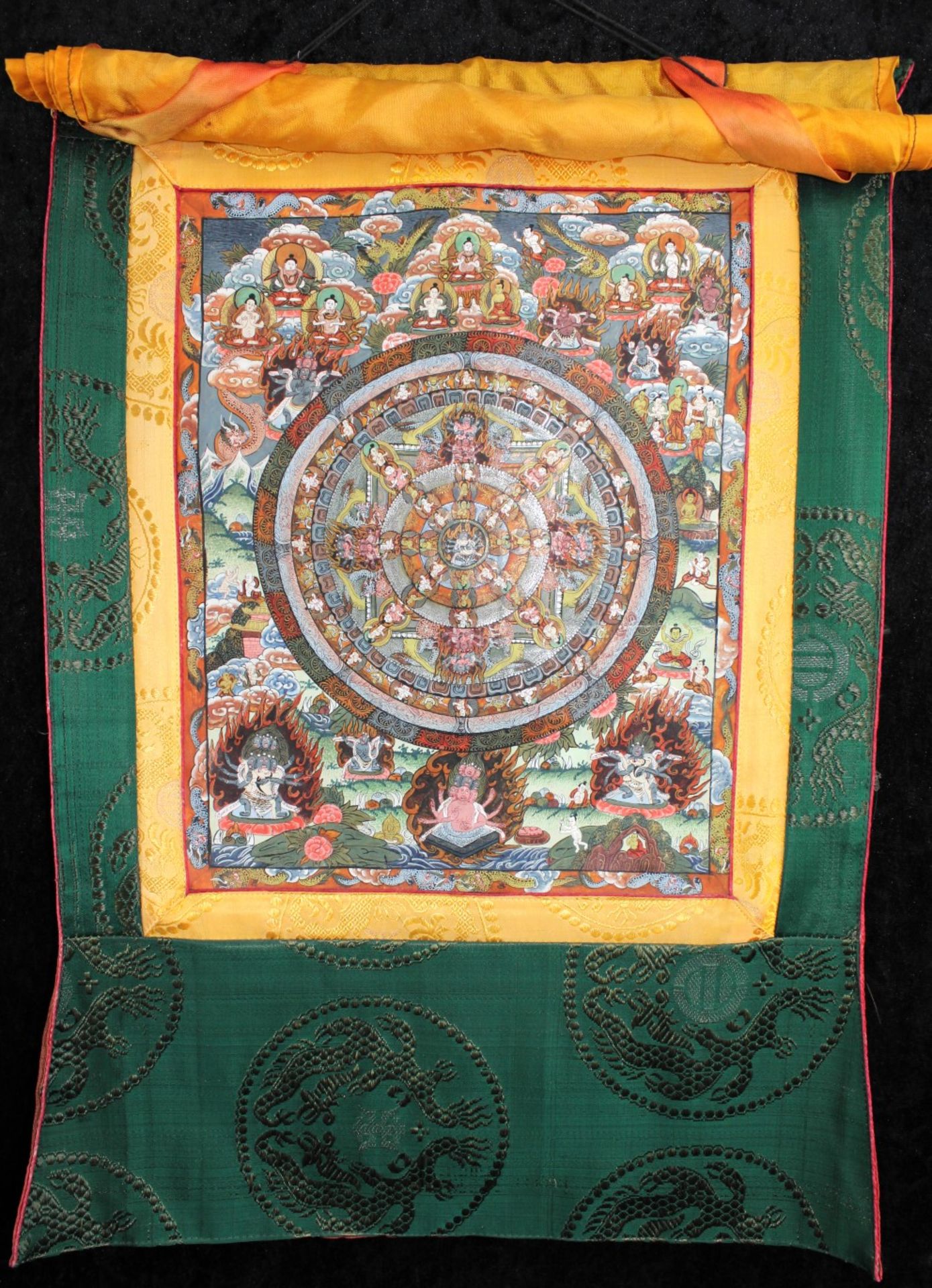 Mandala Rollbild des tantrischen Buddhismus f. d. Meditation "Rad des Lebens", Tibet, 20.Jh.