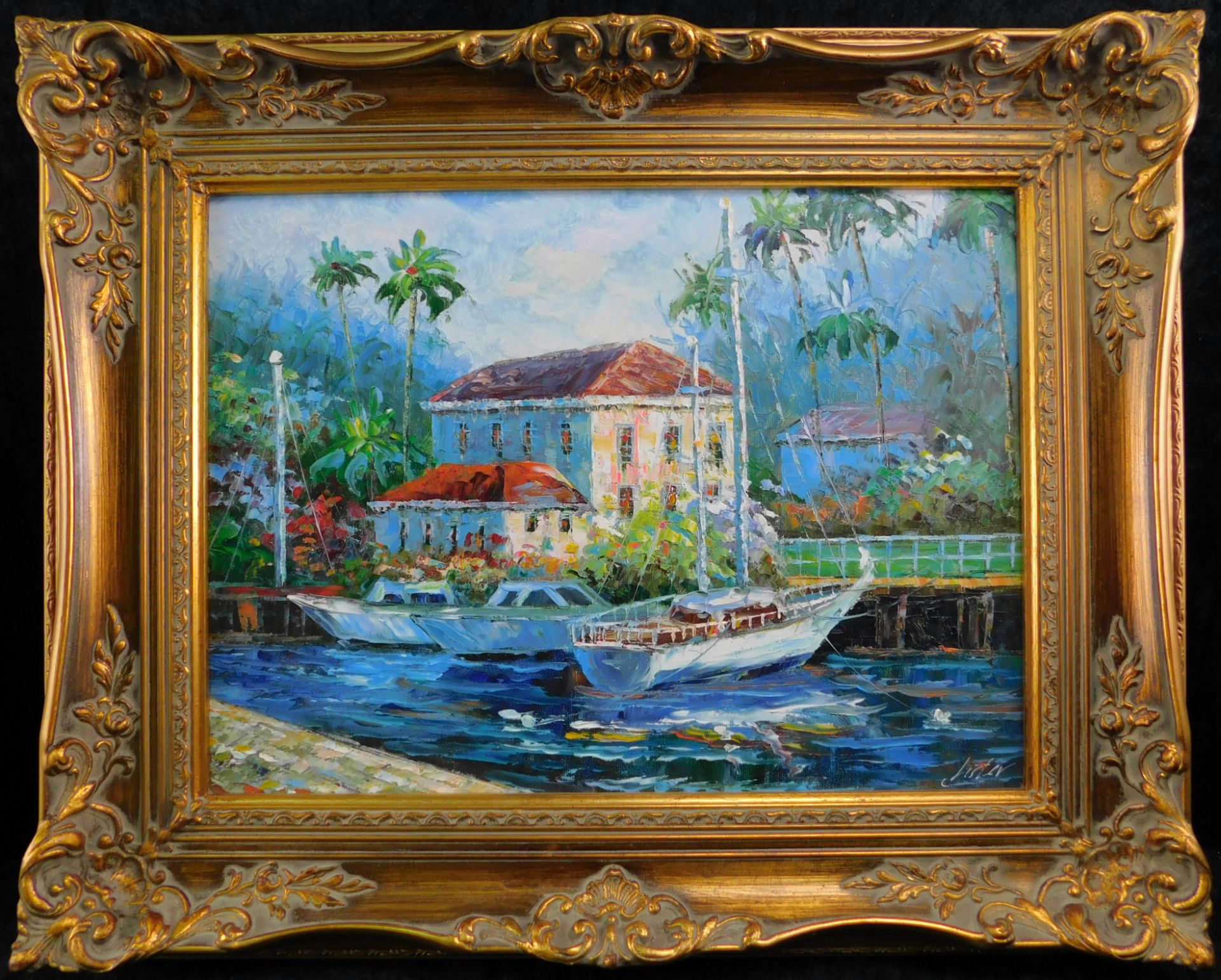 Gemälde Öl/ Leinwand "Mediterrane Ansicht mit Booten" signiert Lister, 20.Jh., 30 x 40 cm