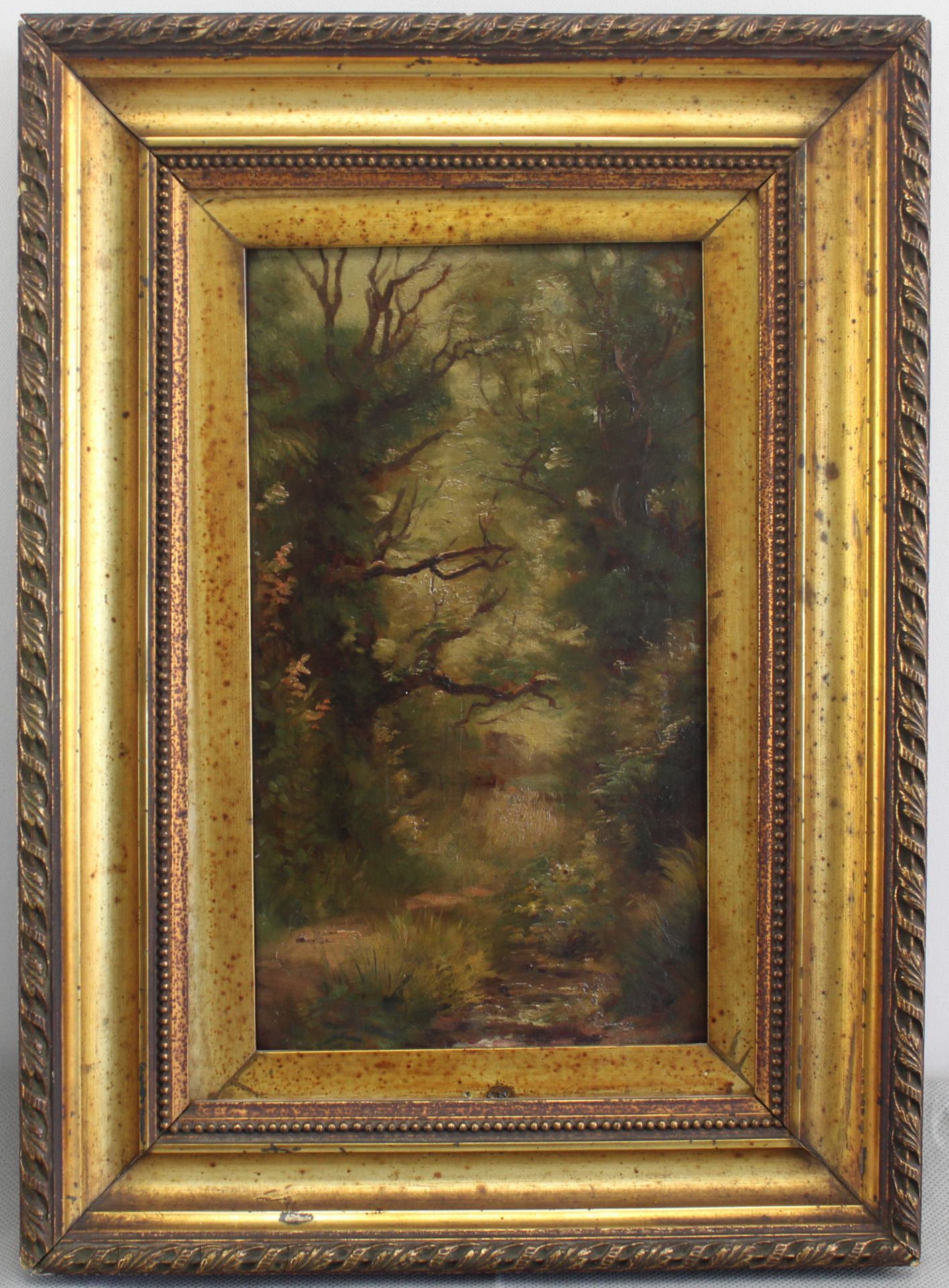 Unbek. Künstler, um 1900, "Waldweg" Öl/Platte, unsig., 22 x 12 cm