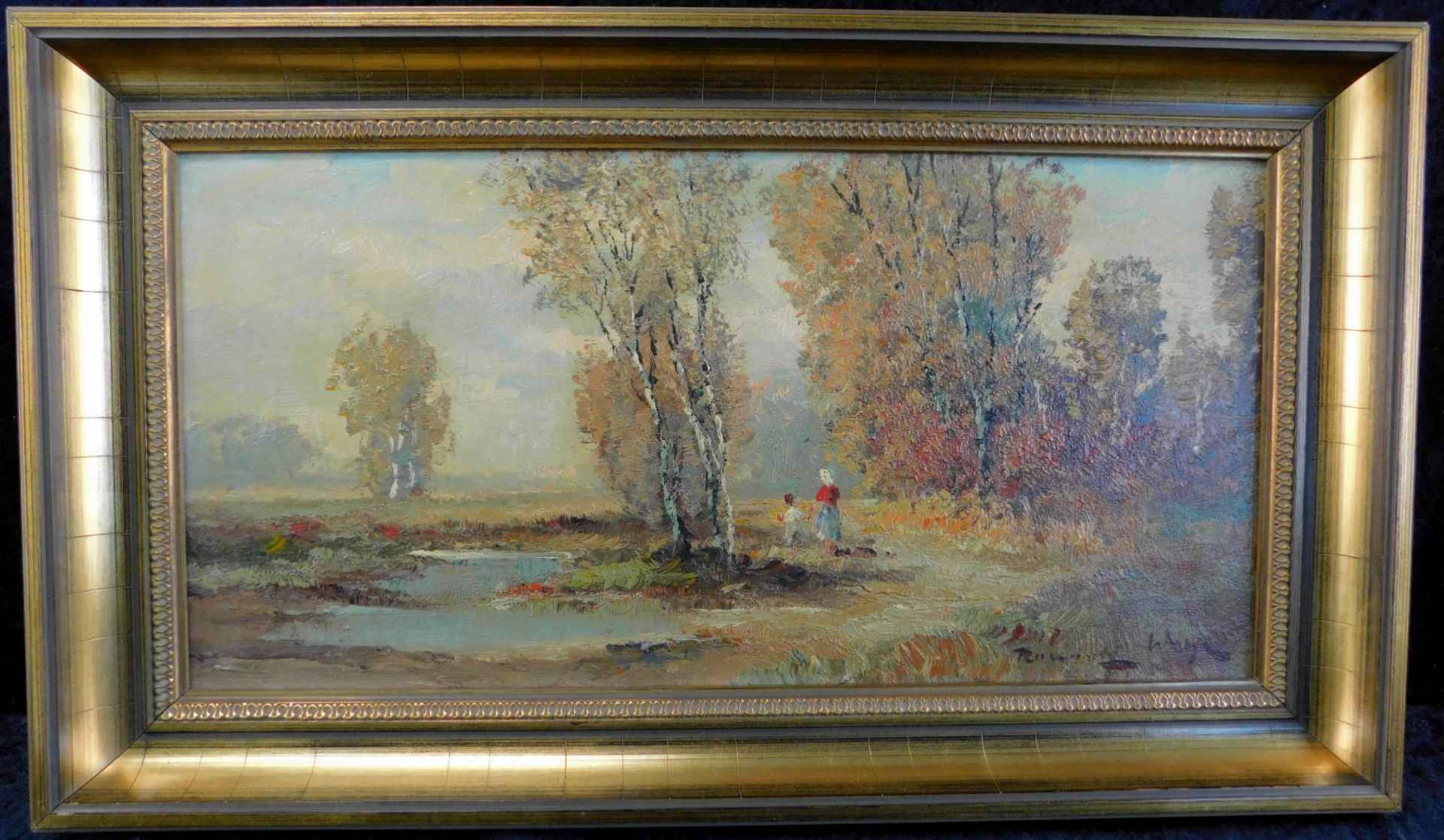 Randolf Wehn *1911-1987 München "Personen am Weiher" Öl/Leinw., sig, 50x25 cm, m.R.