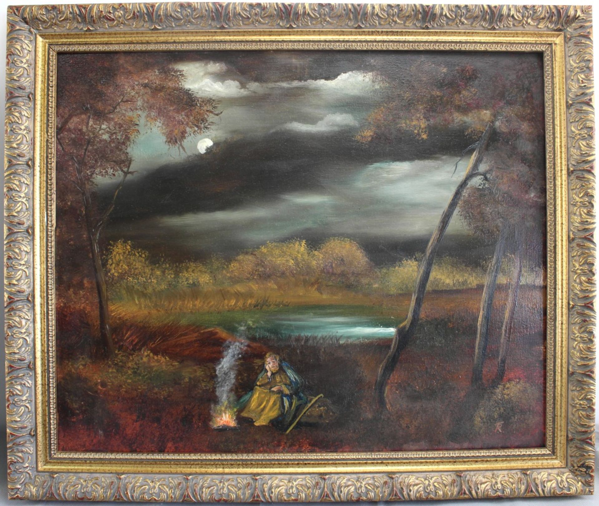 Unbek. Maler 2.H.20.Jh., Mondscheinlandschaft mit Person, Öl/Leinw., monogr.TR, 45x55 cm